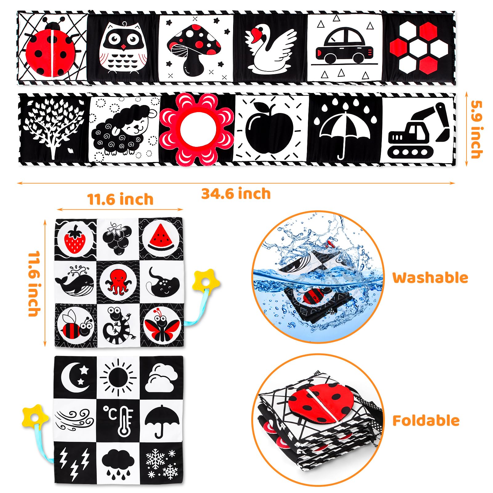 High Contrast Black & White Baby Toys 0-6 Months - Montessori Sensory Crinkle Toys for Newborns & Infants | Tummy Time, Car Seat & Stroller Toys | Soft Cloth Books for Baby Boys & Girls | Perfect Newborn Gift & Early Learning Development