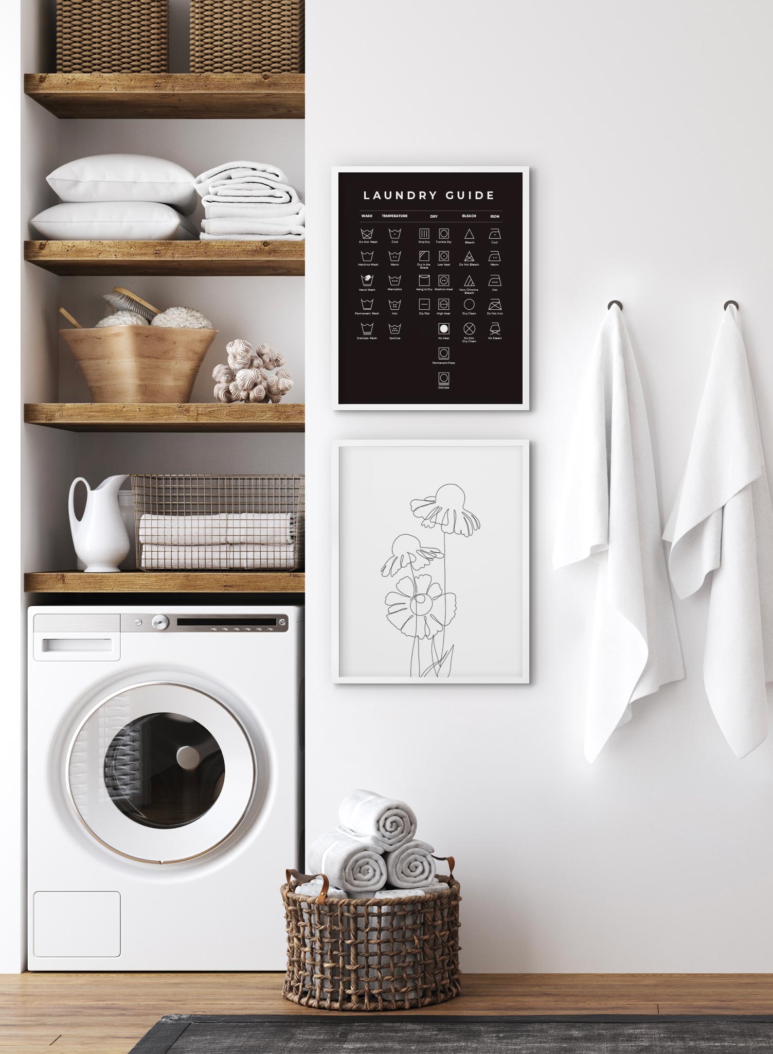 Black Laundry Guide Poster - Wash Care Symbols & Instructions for Clothes - Perfect for Laundry Room, Dorm, or Home Decor