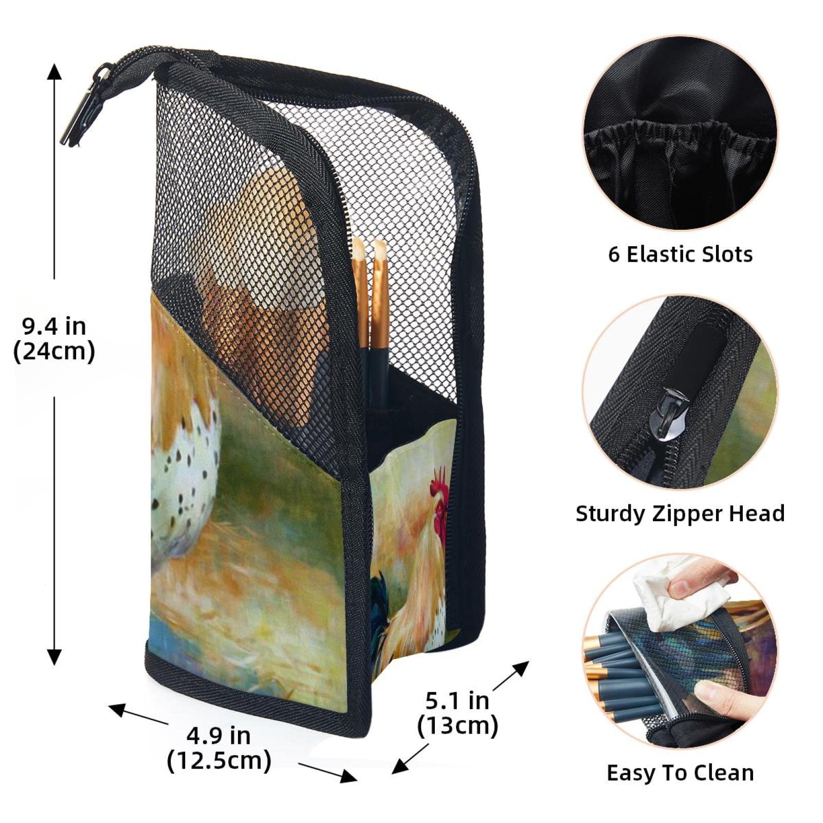 12-Piece Makeup Brush Organizer Bag with Colorful Rooster Design - Portable Cosmetic Brush Holder Case for Travel, Home & Professional Makeup Storage