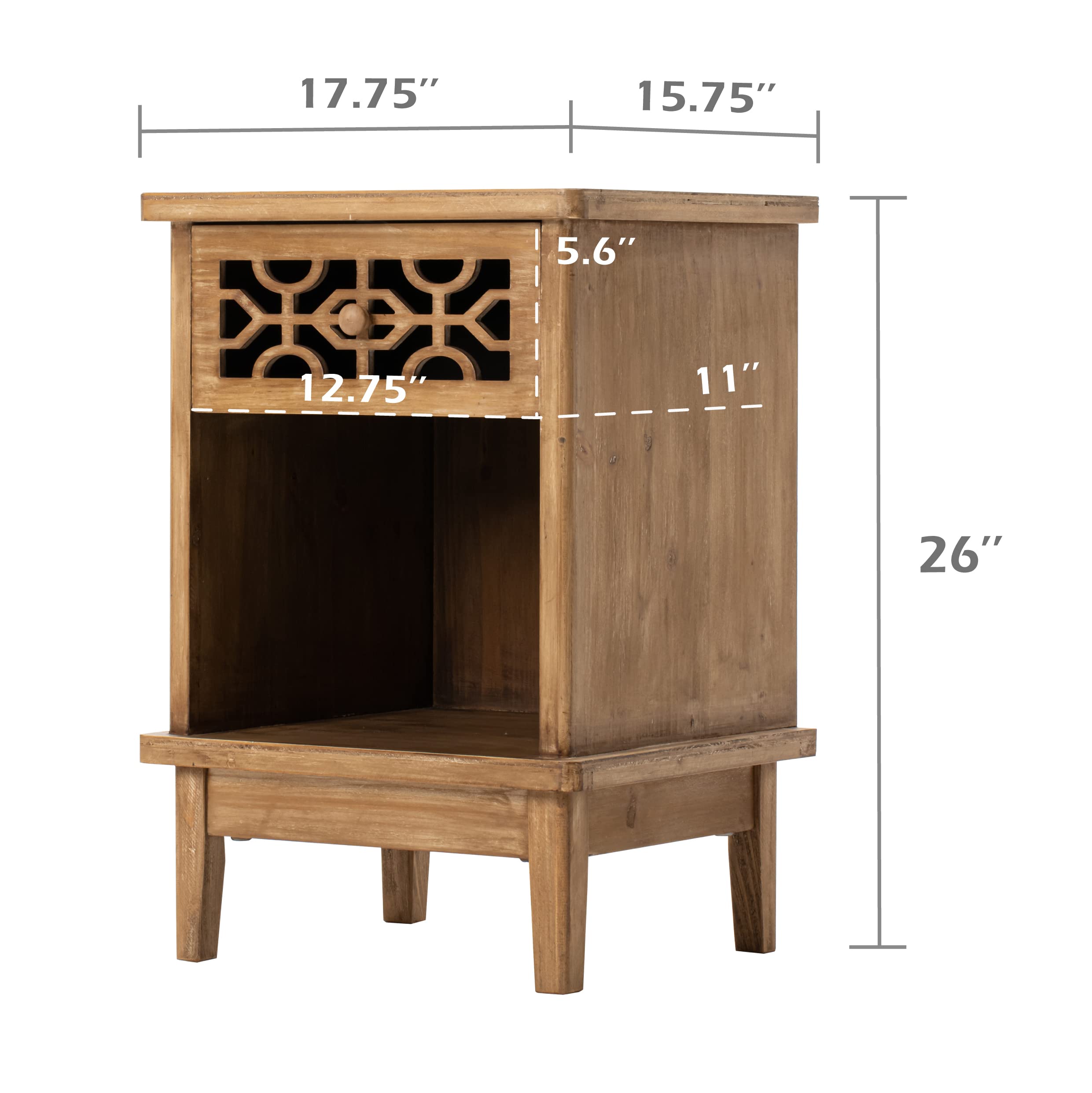 Rustic Nightstand Solid Wood End Table - Hand Carved Farmhouse Side Table with Open Shelf | Natural Wood Bedside Table for Bedroom, Living Room, Nursery & Home Decor