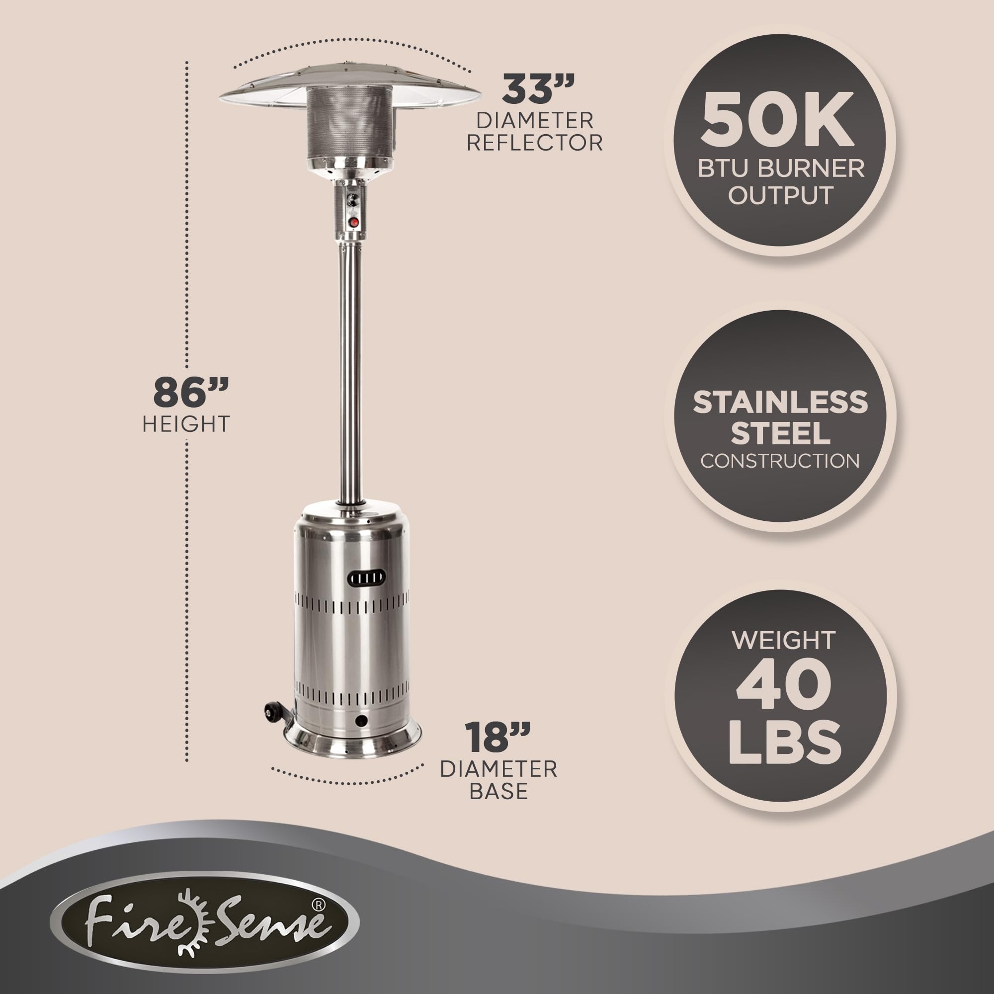 Fire Sense 01775 50,000 BTU Stainless Steel Patio Heater with Wheels & Electronic Ignition - Portable Outdoor Propane Heater for Backyard, Deck, Restaurant & Garden Parties