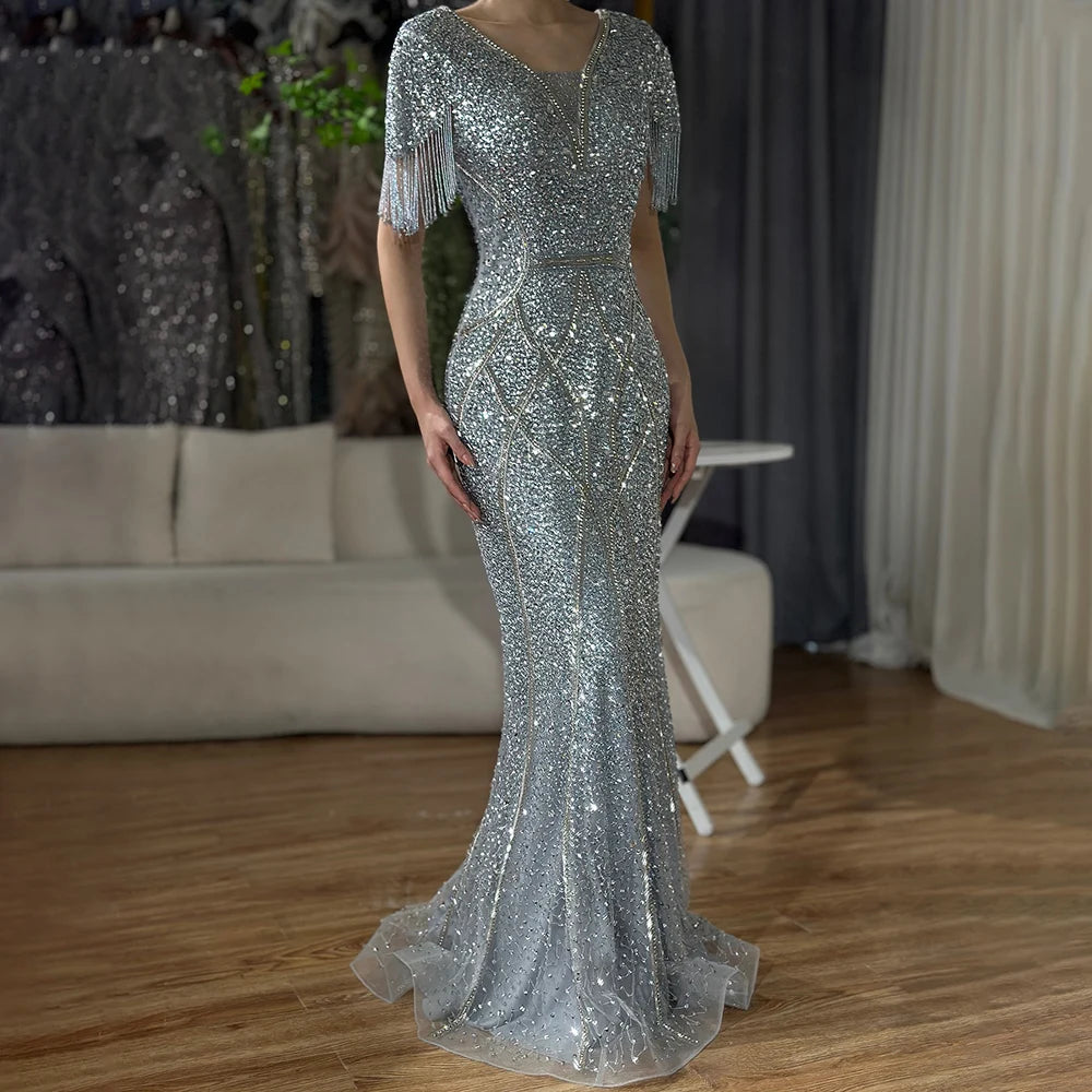 Elegant Dubai Gray Saudi Arabic Evening Gown with Beaded Tassel - Formal Abaya Dress for Women - LA72743 - Perfect for Weddings, Galas and Special Occasions