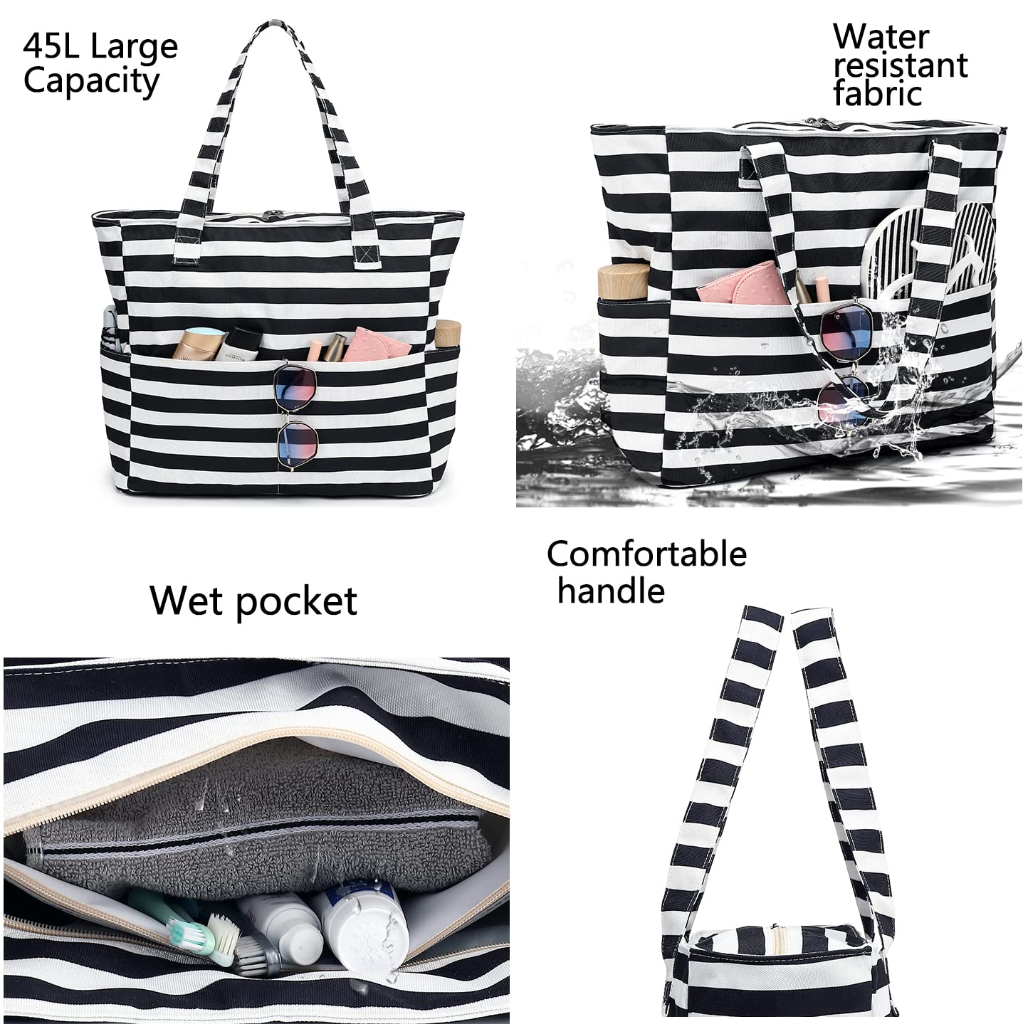 Waterproof & Sandproof Beach Tote Bag for Women - Large Zippered Pool Bag with Wet Pocket - Perfect for Swimming, Gym, Shopping & Travel Accessories