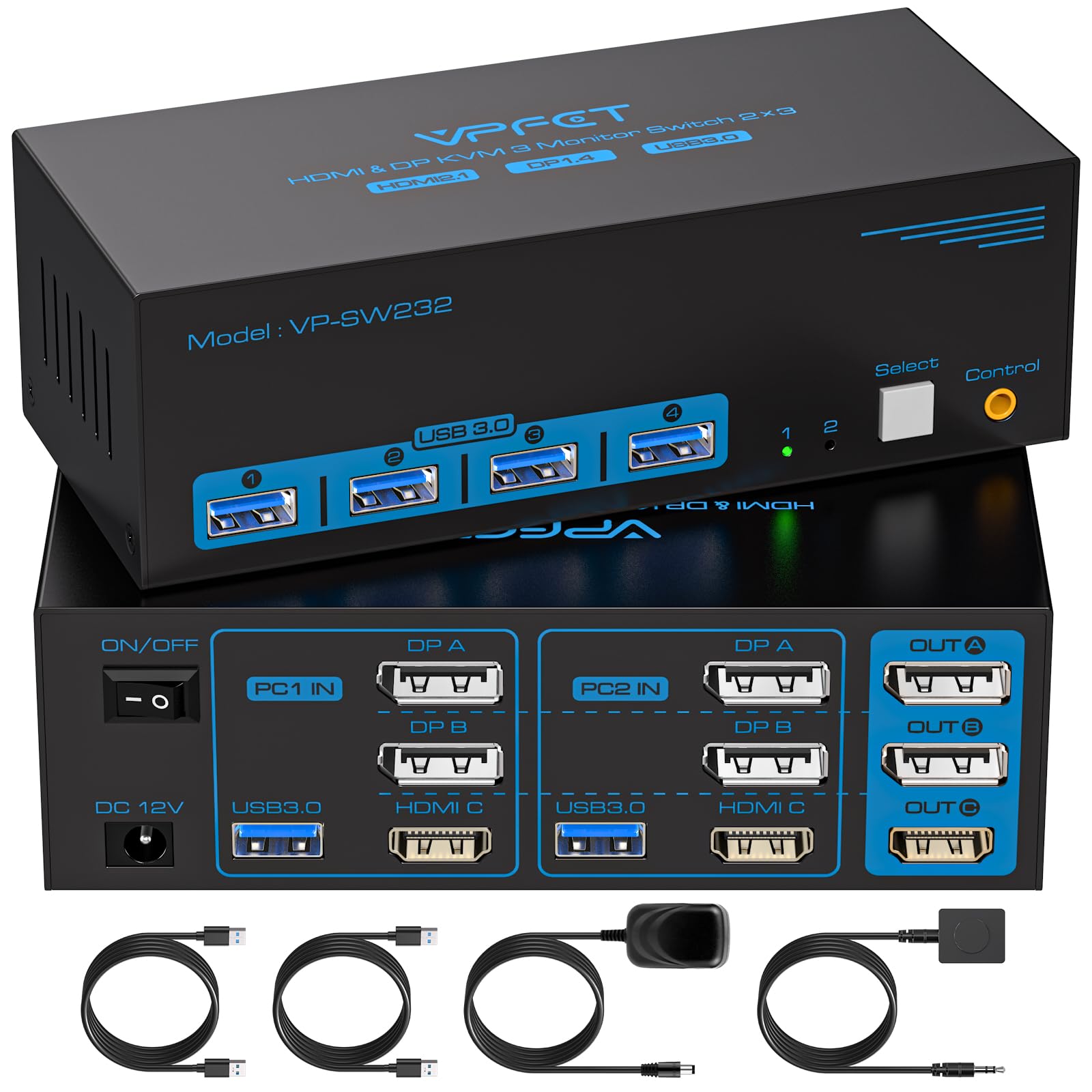 8K@60Hz HDMI DisplayPort KVM Switch for 3 Monitors & 2 Computers - 4K@120Hz Triple Monitor KVM Switcher with 4 USB 3.0 Ports - Supports Extended & Copy Mode for Gaming, Office & Home Use - Includes 12V Adapter & Desktop Controller