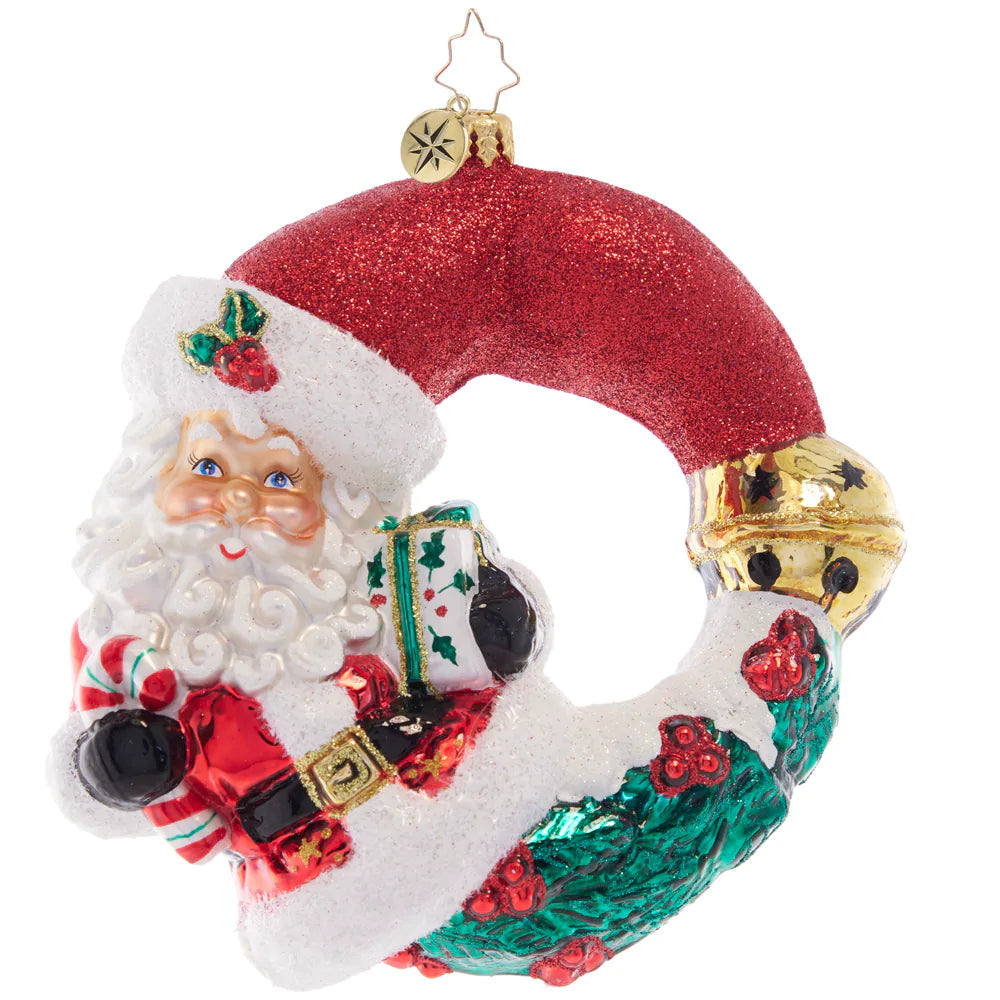 Christopher Radko Christmas Wishes Santa Wreath Ornament - Handcrafted Holiday Decor for Tree, Mantel & Gifts - Festive Santa Claus Wreath for Christmas Decorations & Holiday Home Décor