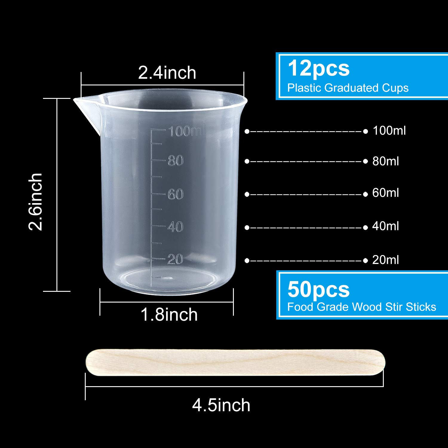 Coopay 12 Pack 100ml/3.4oz Plastic Beakers with 50 Wooden Sticks - Clear Epoxy Mixing Cups, Graduated Measuring Cups for Resin, Paint, Stain - Perfect for DIY Crafts, Art Projects & Science Experiments
