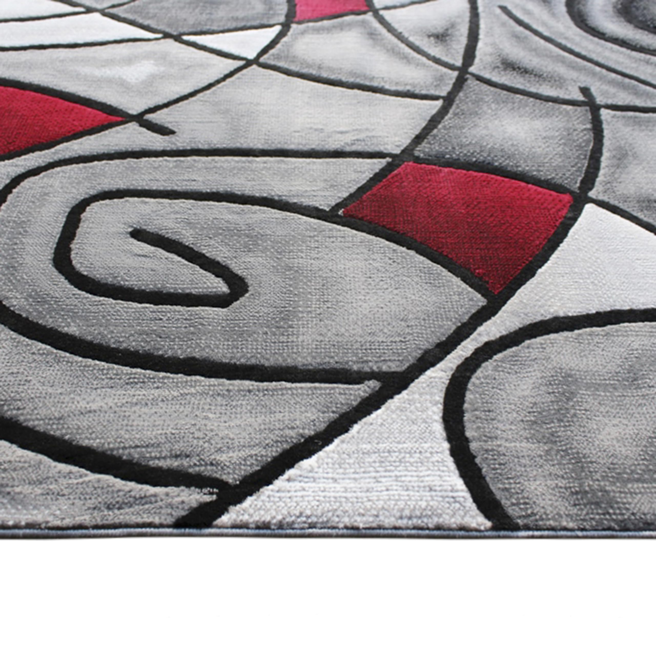 EMMA + OLIVER Urbane Plush Olefin Accent Rug - 6x9 Feet Abstract Geometric Design with Gray Gradient & Red Accents - Stain & Moisture Resistant Indoor-Outdoor Rug - Perfect for Living Room, Bedroom or Office Decor