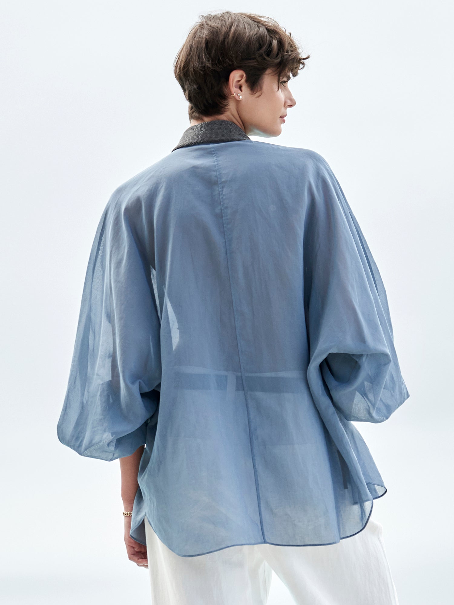 Elegant Monili Collar Organza Blouse for Women - Chic Lace Detailing & Flowy Sleeves - Perfect for Weddings, Parties & Special Occasions