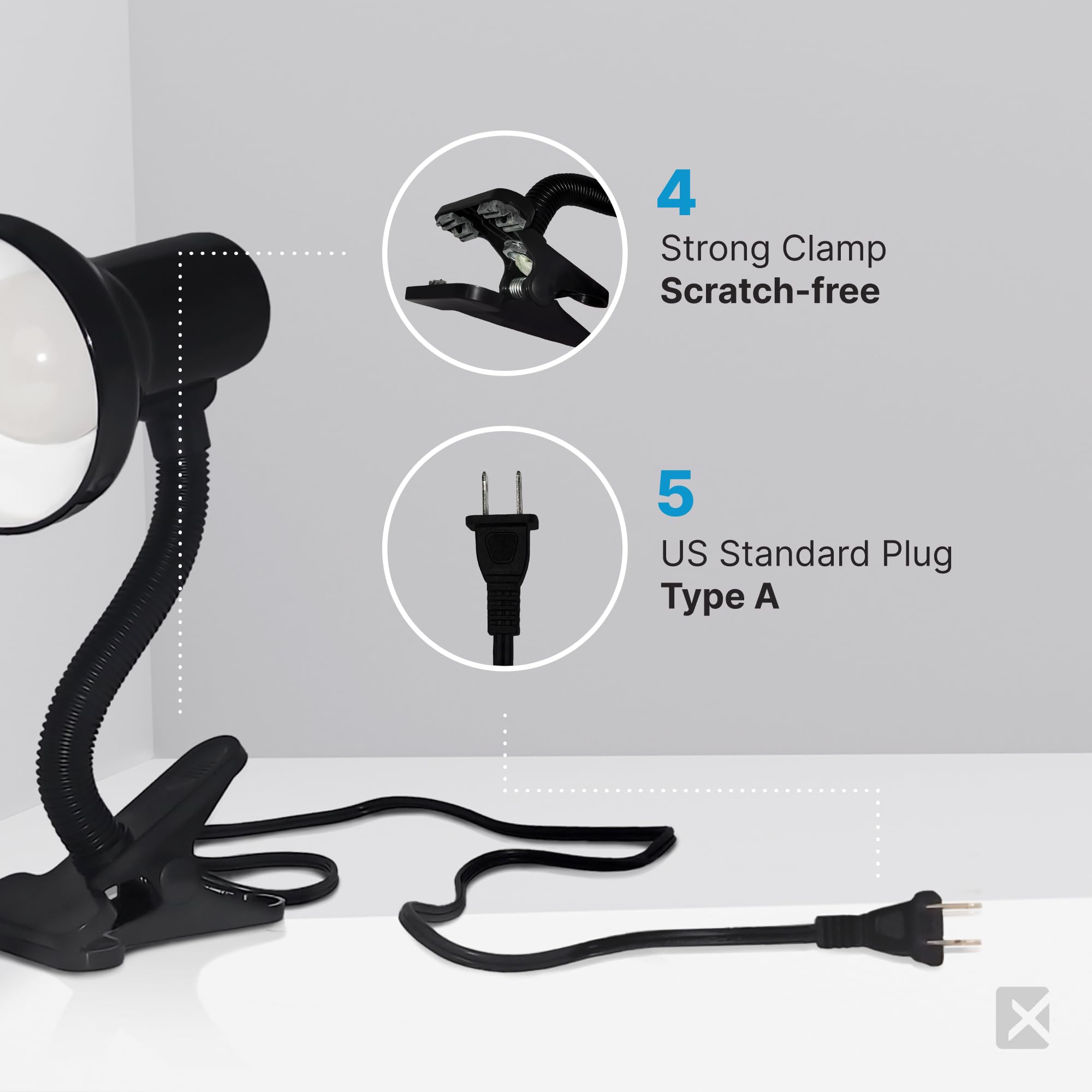 Xtricity 2-Pack LED Clip On Desk Lamp with 360° Adjustable Gooseneck - 6W A19 Bulb Included, 120V, On/Off Switch, 10.25