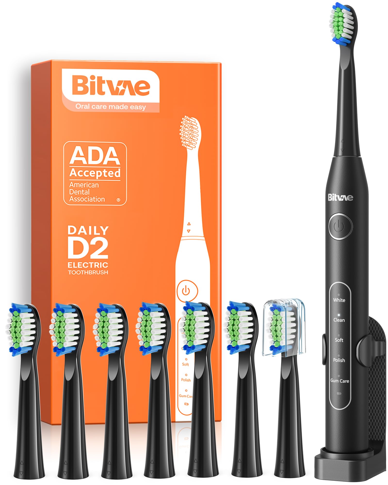 Bitvae Electric Toothbrush for Adults - Rechargeable Ultrasonic Toothbrush with 8 Brush Heads, 5 Cleaning Modes & Smart Timer - ADA Accepted (Black D2) - Perfect for Travel, Home Use & Gifts