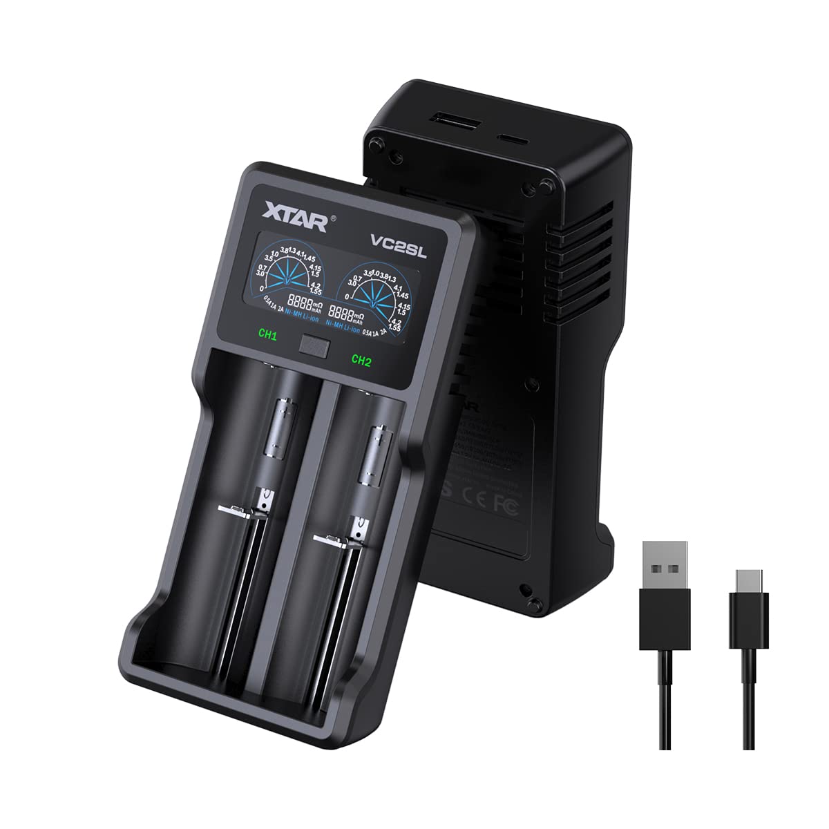 XTAR VC2SL Universal Battery Charger - Fast LCD Smart Charger for Ni-MH, Ni-CD, AA, AAA, Li-ion & IMR Rechargeable Batteries - Perfect for Cameras, Flashlights, and Electronic Devices