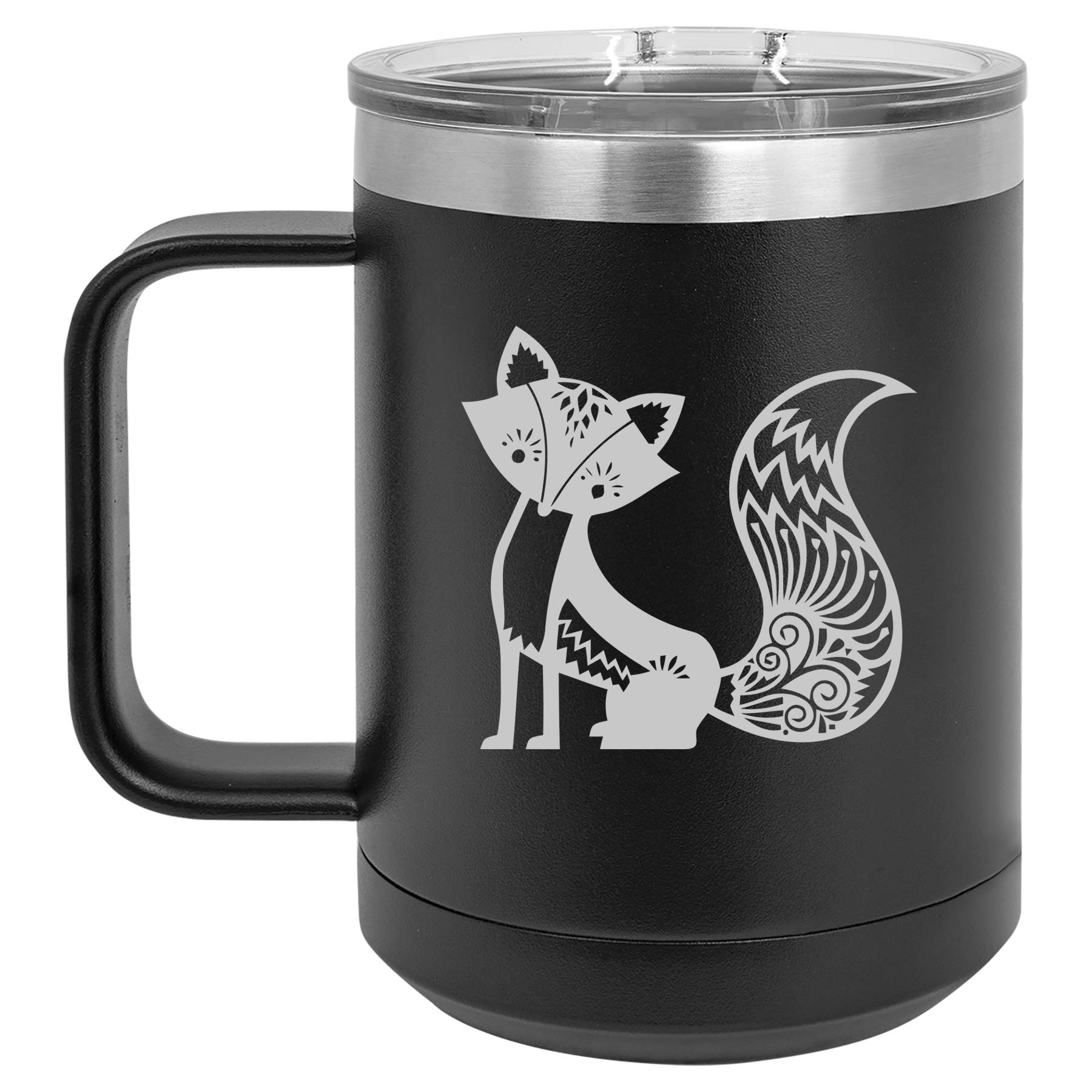 15 oz Vacuum Insulated Stainless Steel Tumbler with Handle & Lid - Leakproof Travel Coffee Mug for Hot & Cold Drinks - Fancy Fox Design (Black) - Perfect for Commuting, Camping & Office Use