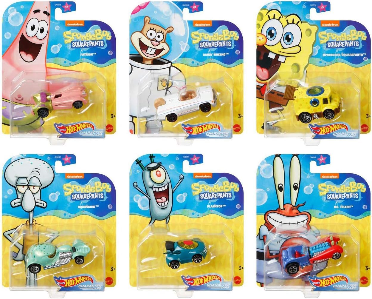 Hot Wheels Spongebob Squarepants 6-Pack Die-Cast Car Set - Includes Yellow Bubble Van, Patrick Star, Squidward, Mr. Krabs, Plankton & Sandy Cheeks - Collectible Toy Cars for Kids & Fans - Perfect for Playtime, Display & Gifting