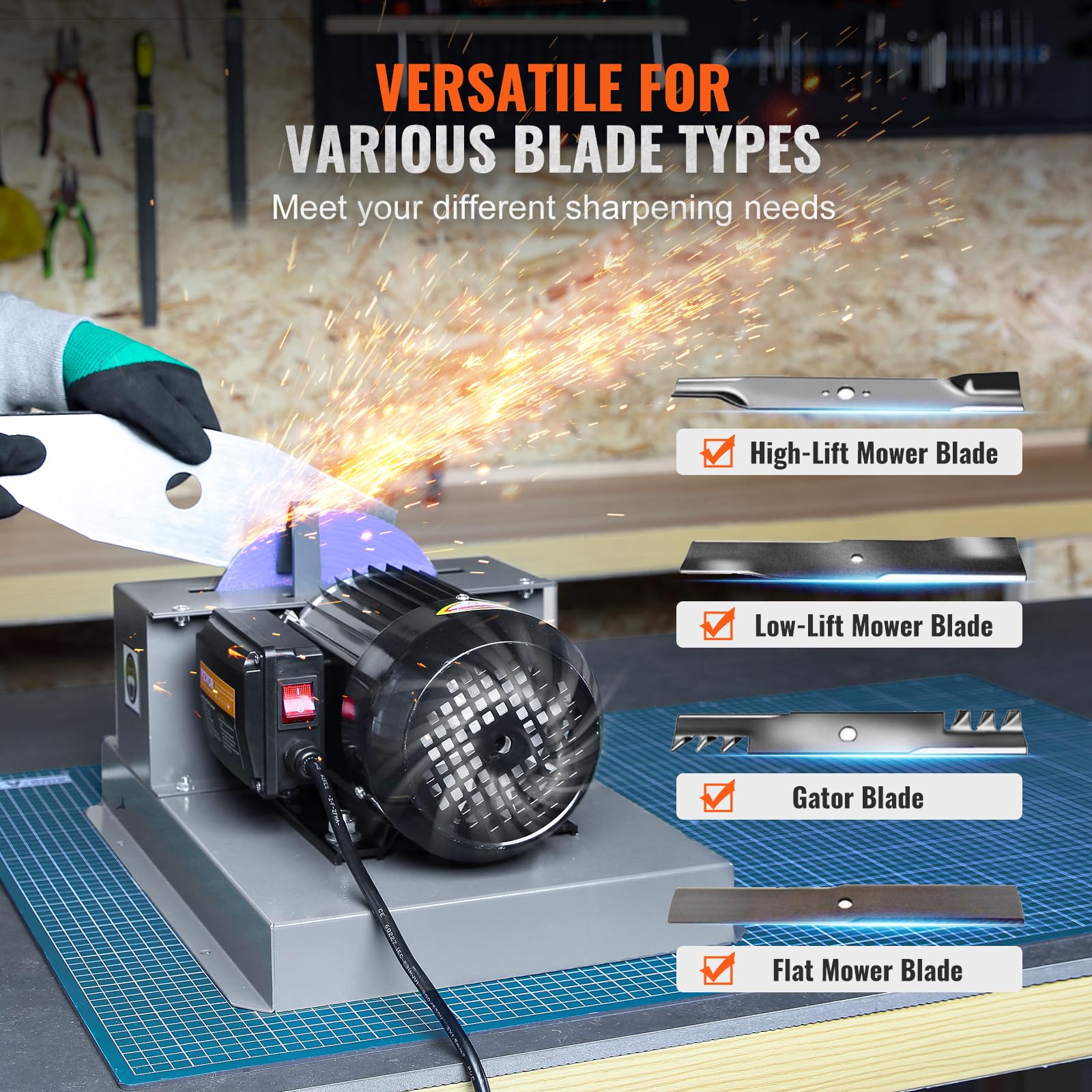 VEVOR 500W Lawn Mower Blade Sharpener - 2/3HP Bench Grinder with 7-inch Ceramic Wheel for High/Low Lift, Gator & Flat Blades | Professional Lawn Equipment Maintenance Tool for Home Garden & Landscaping