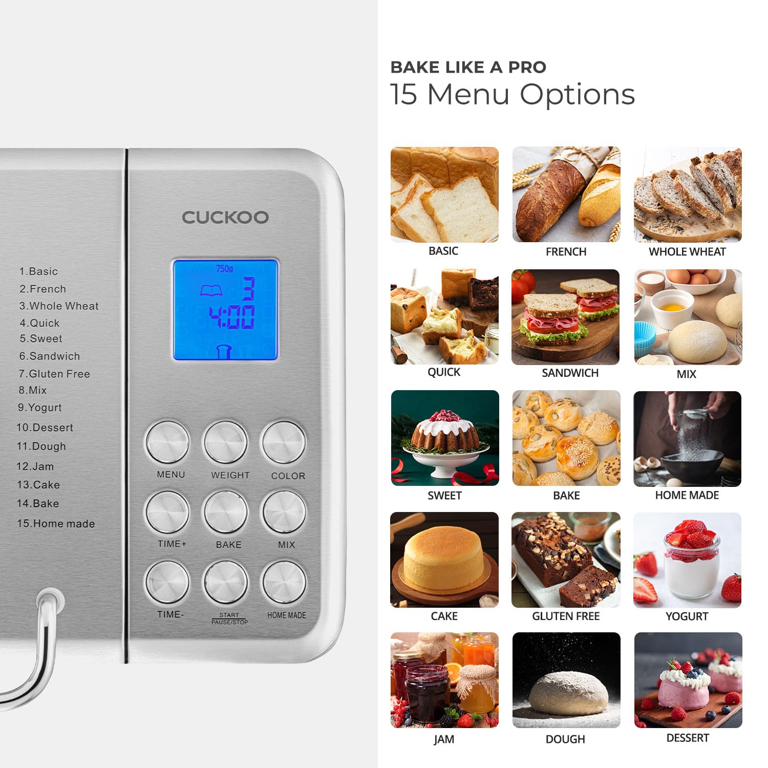 CUCKOO 2 lbs Bread Maker Machine with 15 Menu Options & 3 Crust Colors - Automatic Fruit Nut Dispenser - 6 Accessories Included - Perfect for Sourdough, White Bread & Gluten-Free Baking (CBM-AAB101S) - Ideal for Home Baking, Breakfast & Family Gatherings
