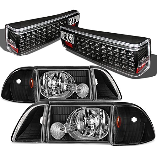 AKKON Black Headlights with Corner & Signal Lights + LED Taillights Complete Set for 1987-1993 Ford Mustang - Upgrade Your Ride for Night Driving & Car Shows