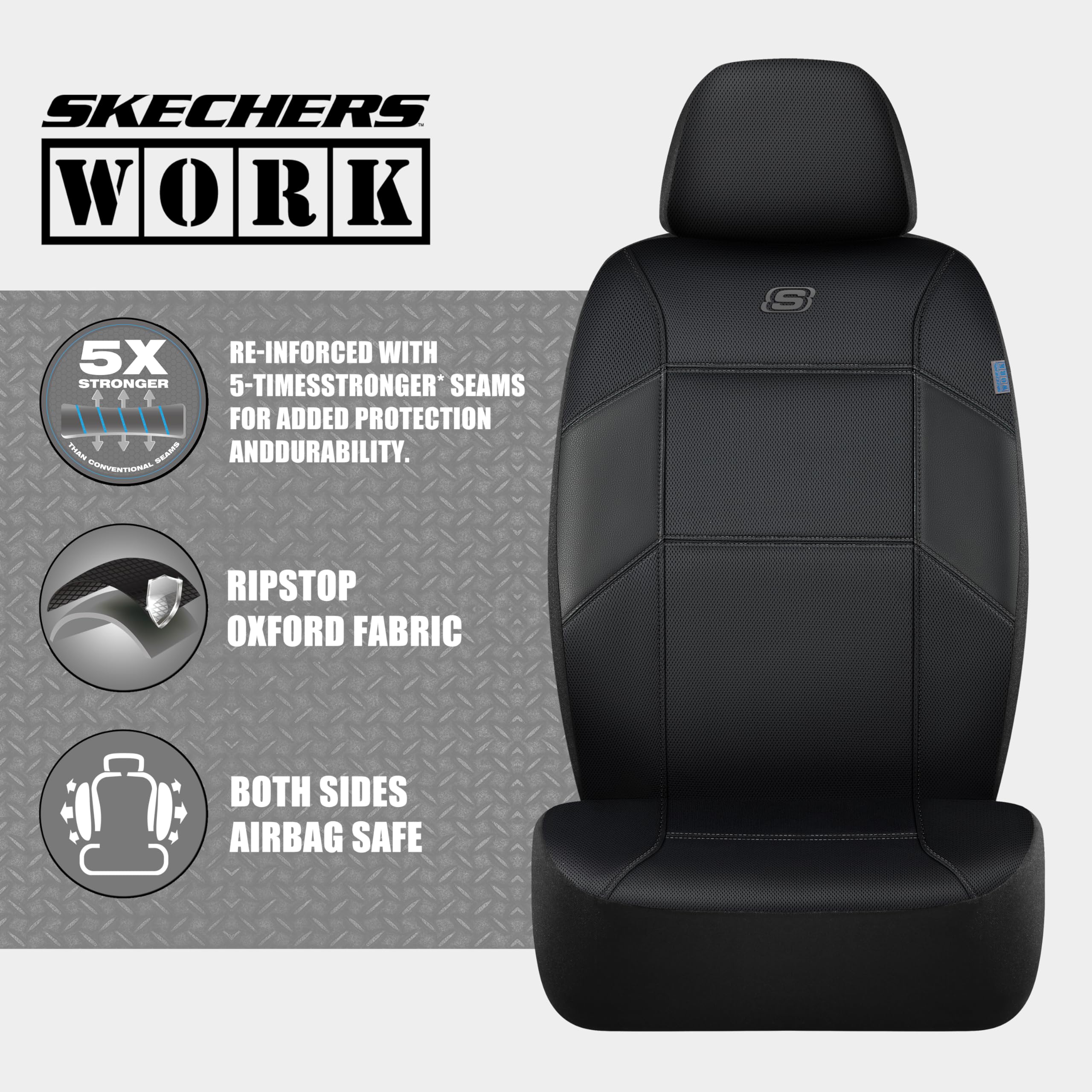 Skechers Work Car Seat Covers - Premium Leather Auto Seat Protectors with 5X Stronger Webbing & Breathable Mesh Fabric | Airbag Compatible Vehicle Seat Covers for Cars, Trucks & SUVs (Black, 2-Piece Front Set) | Perfect for Daily Commute, Road Trips & Work Vehicles