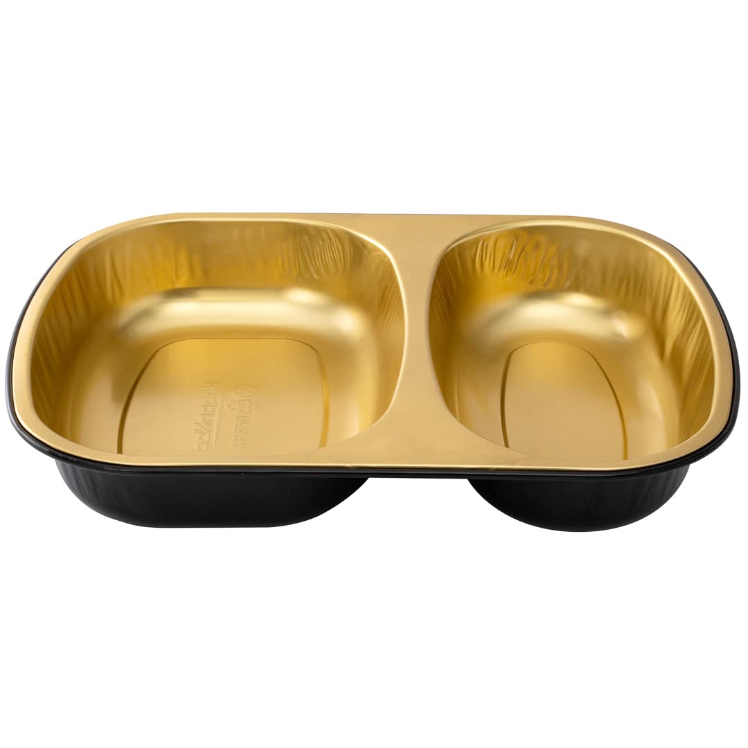 Restaurantware Foil Lux 28oz Aluminum Food Containers - 100 Pack Rectangle Foil Trays with 2 Compartments (Lids Sold Separately) | Oven-Safe Black & Gold Baking Pans for Meal Prep, Catering, Takeout & Party Serving