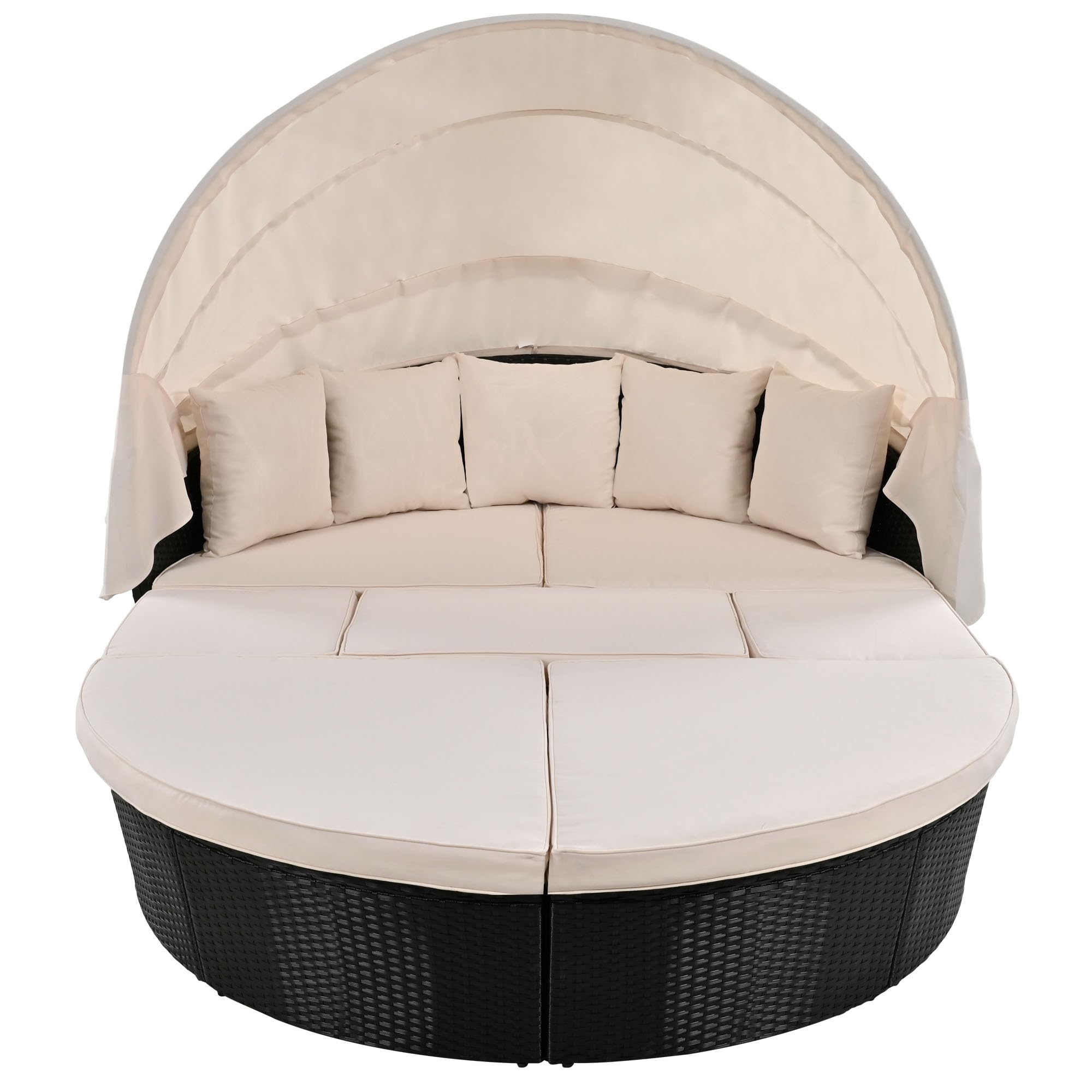 Outdoor Daybed with Retractable Canopy - Round Patio Sectional Sofa Set - Wicker Clamshell Seating with Removable Cushions - Beige - Perfect for Backyard, Porch, Poolside & Garden Relaxation