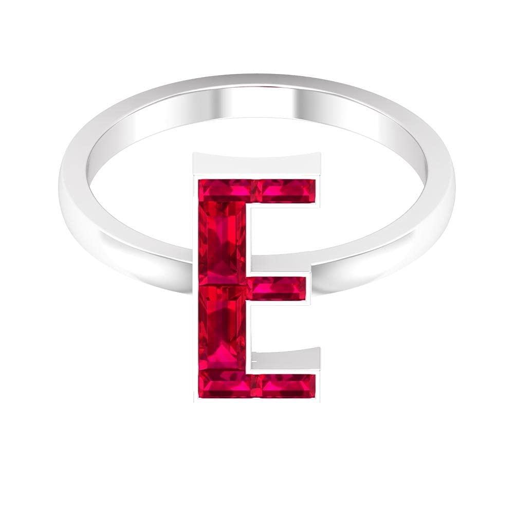 Personalized 14K White Gold Ruby Initial Rings for Women - A to Z Alphabet Letter Rings, Baguette Ruby Rings - Perfect for Birthdays, Anniversaries & Gifts