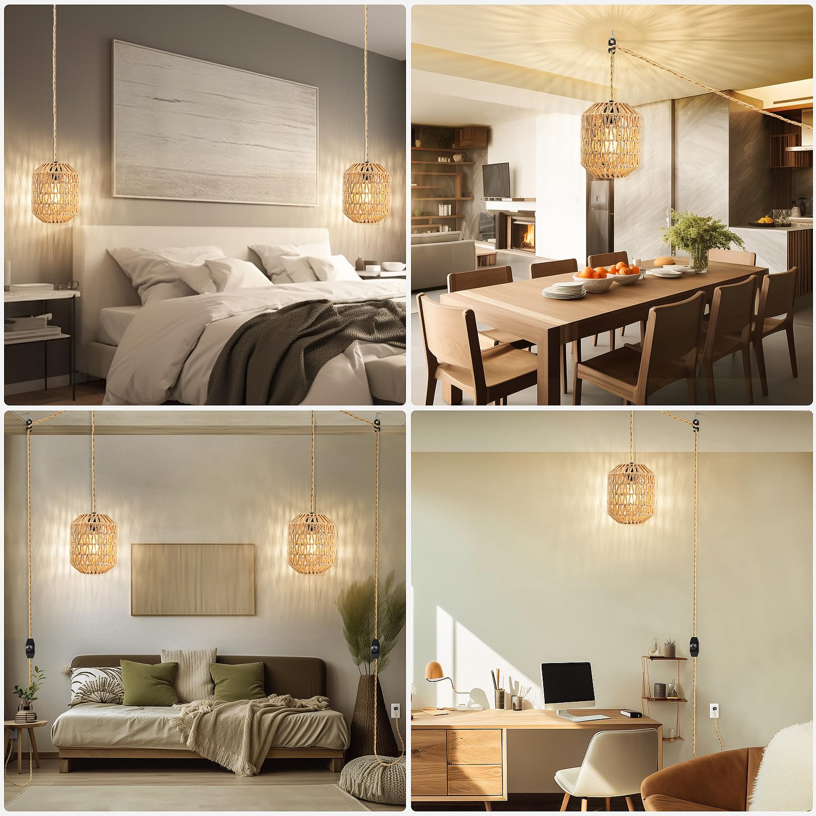 Dimmable Rattan Plug-In Pendant Light with 15FT Hemp Rope Cord - Wicker Woven Basket Lampshade Industrial Ceiling Fixture for Kitchen, Dining Room, Bedroom & Living Room (Brown)