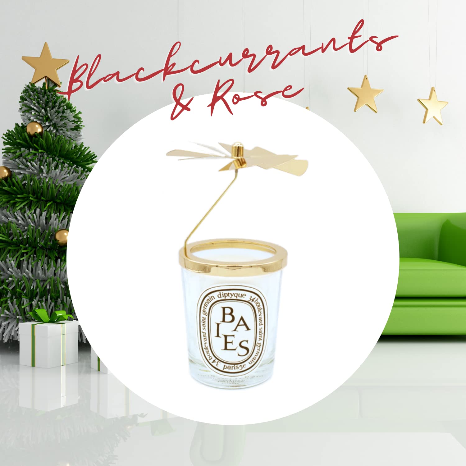 Diptyque Baies Scented Candle 6.5 oz with Gold Carousel Holder - Luxury Home Fragrance Gift Set for Living Room, Bedroom & Bathroom Decor