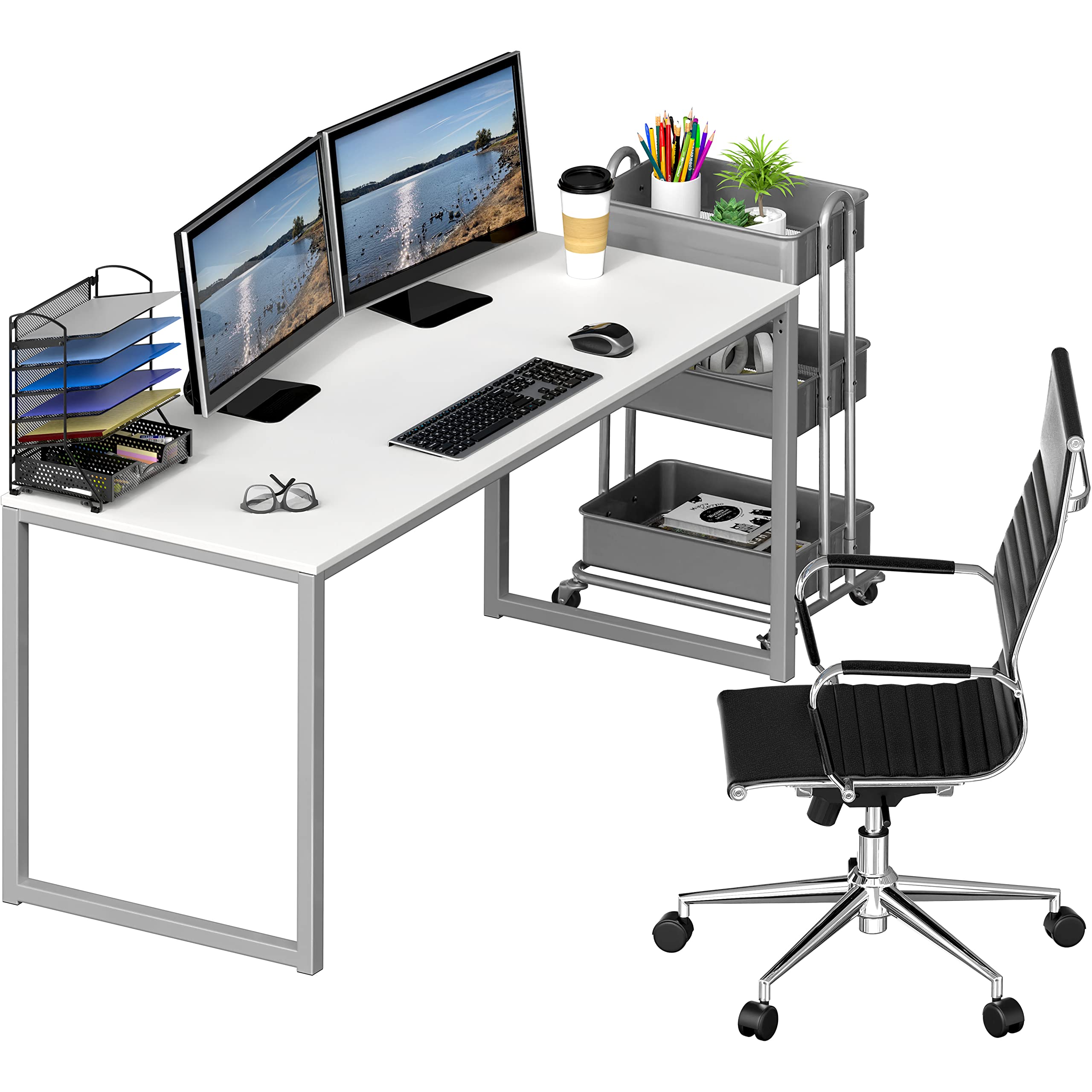 SHW Mission 55-Inch Home Office Computer Desk, White - Modern Writing Desk for Small Spaces, Study Desk for Students, Work from Home Office Furniture - Perfect for Remote Work, Online Classes & Gaming Setup