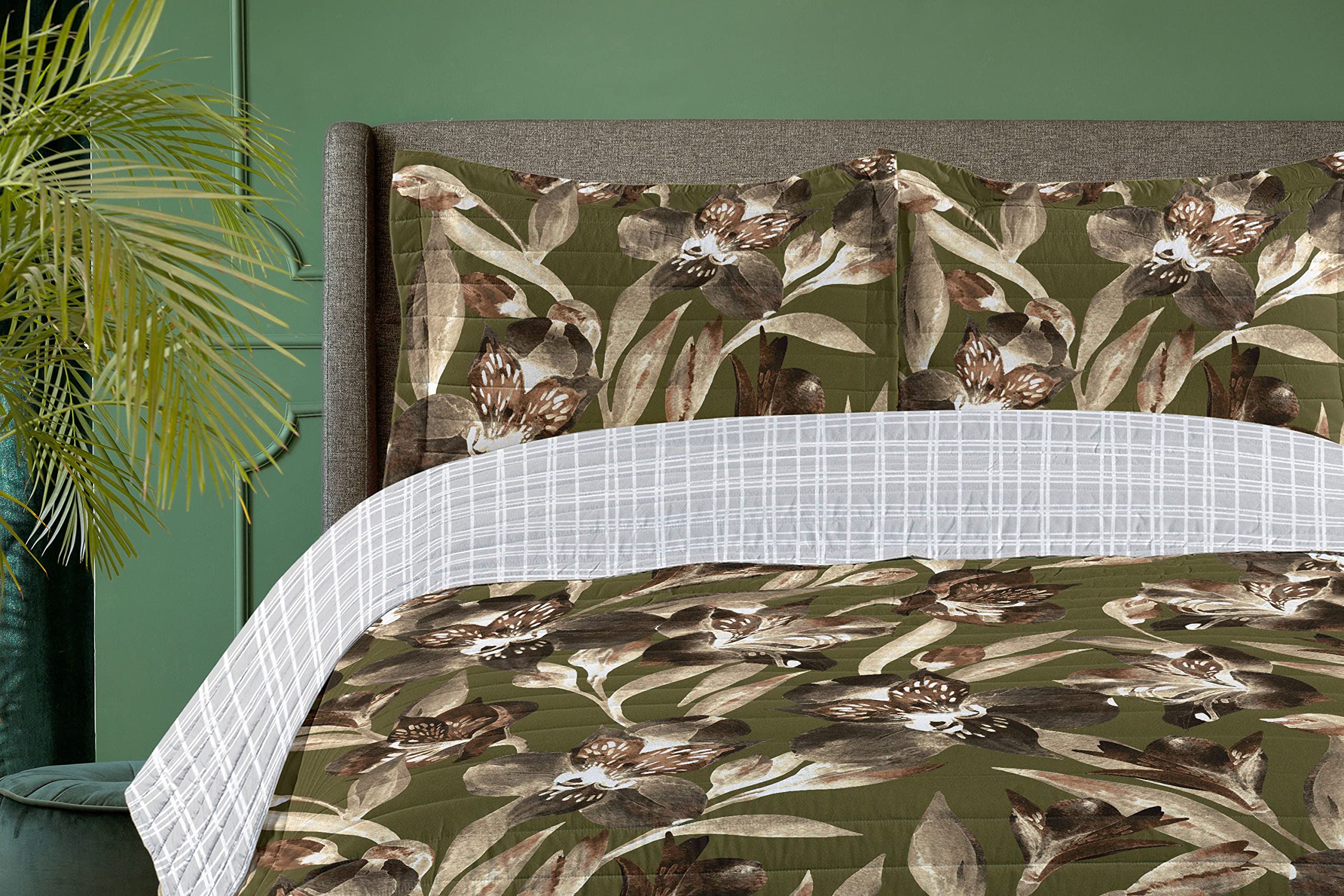 Ambesonne Reversible Queen Size Bedspread Set - Tropical Jungle Foliage with Floating Butterflies, Microfiber Comforter & Pillow Shams, Green & Brown - Perfect for Spring Bedroom Decor, Boho Chic Home Styling, and Tropical Themed Guest Rooms