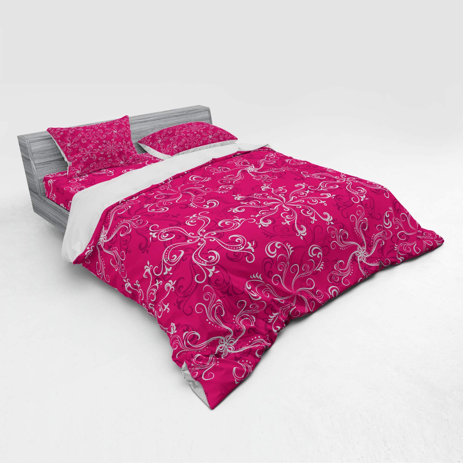 Ambesonne King Size 4-Piece Duvet Cover Set - Hot Pink Floral Pattern with White & Purple Blooms, Includes Shams & Fitted Sheet | Perfect for Spring Bedroom Decor, Guest Room Makeover & Boho Chic Home Styling