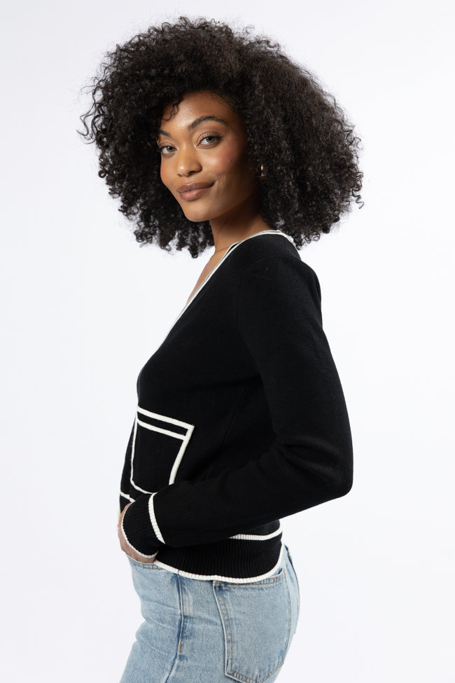 Elegant Black and Ivory Contrast Trim Cardigan for Women - Cozy Knit Sweater for Office, Date Night & Casual Outfits
