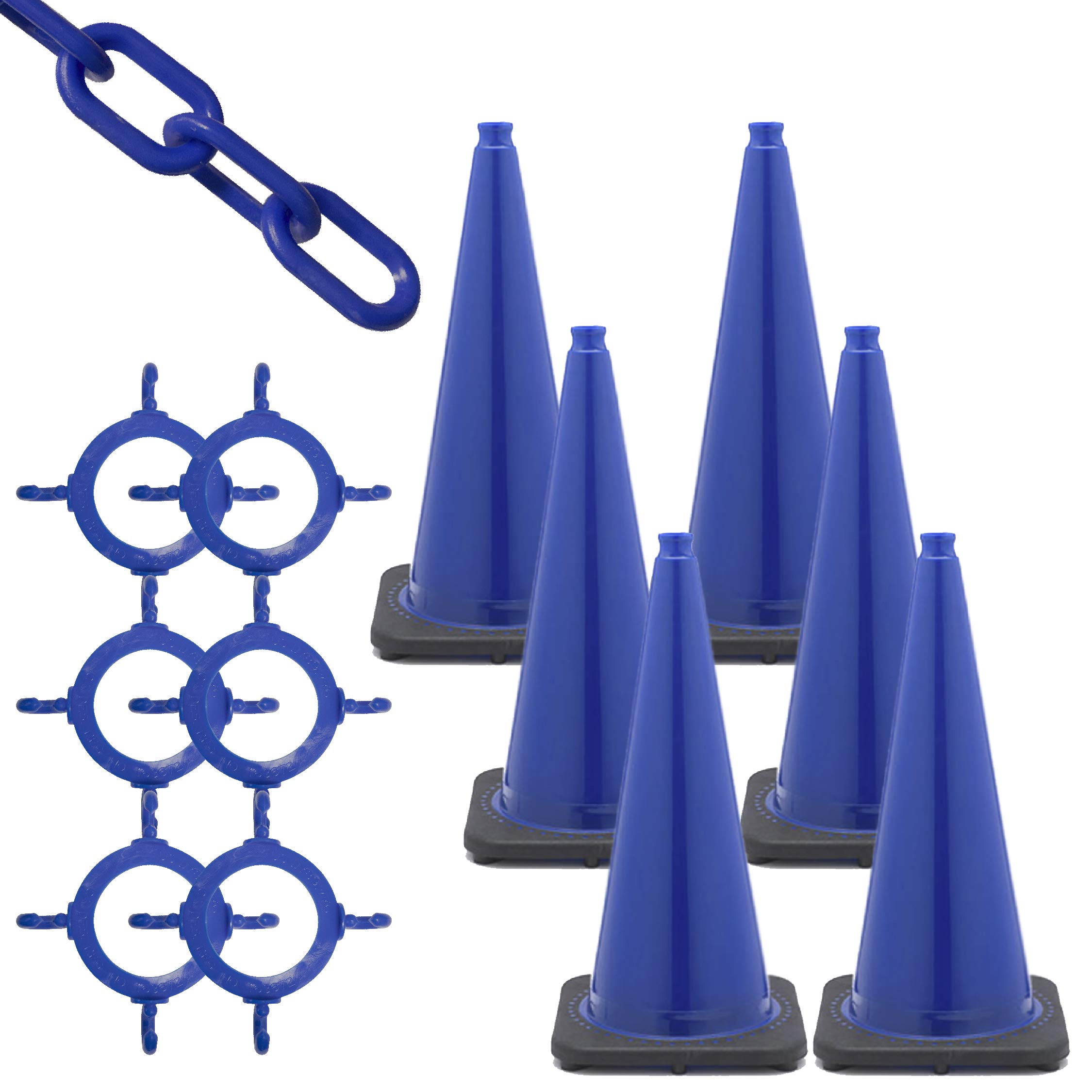 Mr. Chain Traffic Cone and Chain Kit - 28-Inch Blue Safety Cone with Reflective Collar (93206-6) for Parking Lot, Construction Zone & Road Safety Barriers