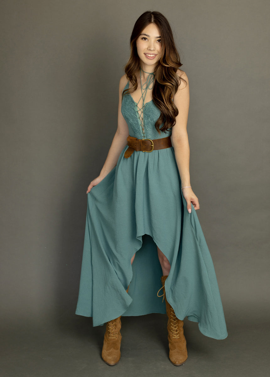 Elegant Holland Dress in Dusty Teal - Women's Vintage Floral Midi Dress for Casual Outings, Date Nights & Summer Weddings
