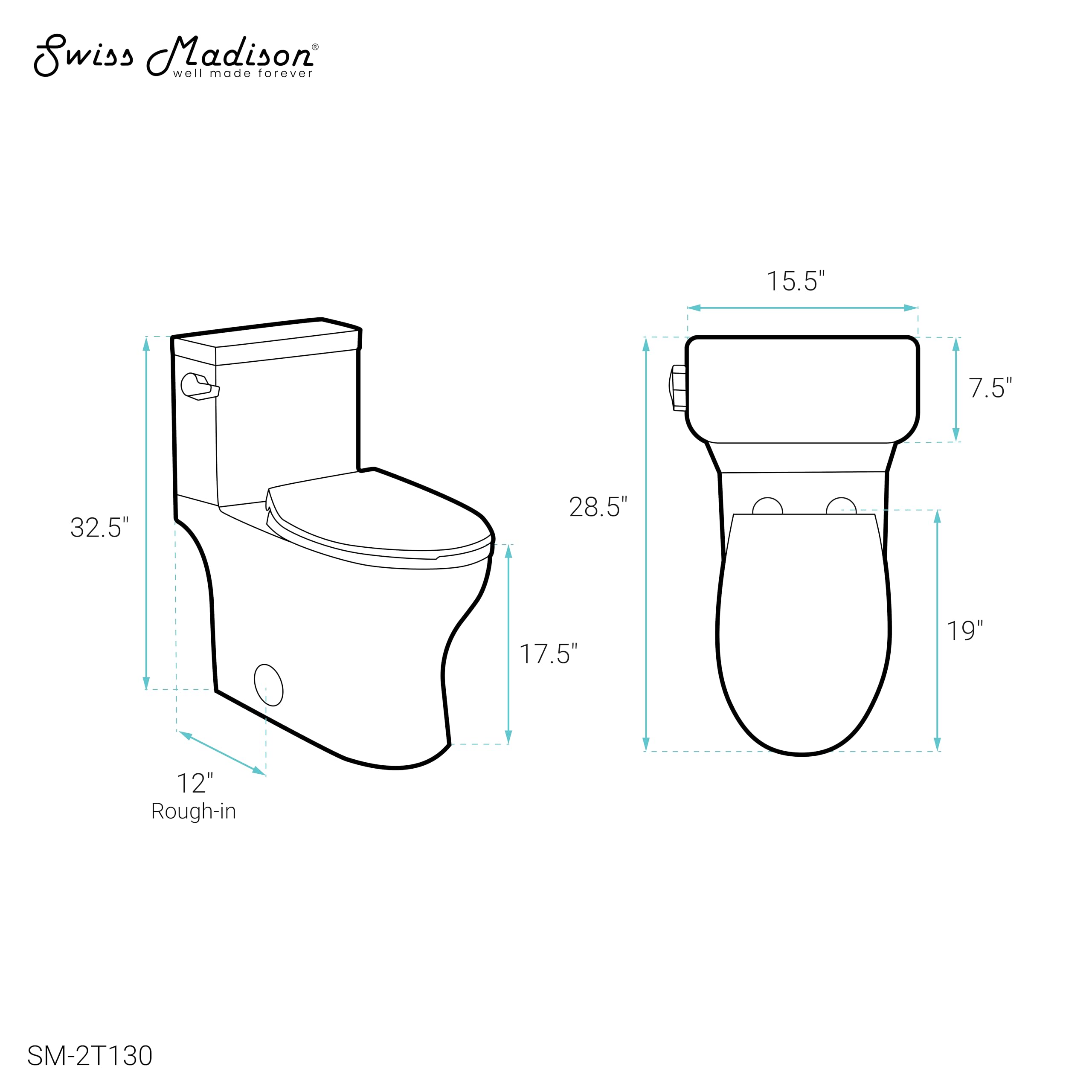 Swiss Madison Well Made Forever Classe Two-Piece Elongated Left Side Flush Handle Toilet 1.28 GPF - Modern Water-Efficient Bathroom Solution for Homes & Commercial Spaces