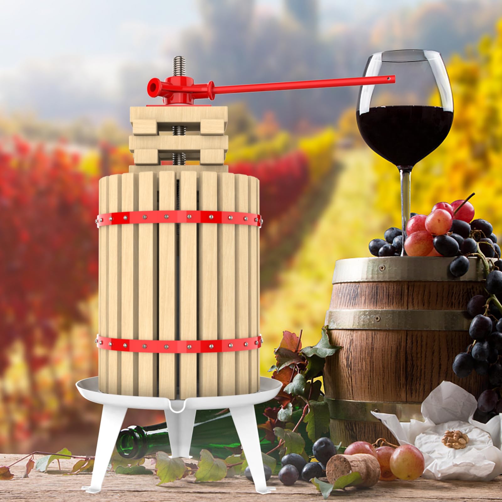 4.75 Gallon Solid Wood Fruit Wine Press - Heavy Duty Manual Apple Grape Berry Crusher & Juice Maker for Home Brewing | Perfect for Cider, Wine Making in Kitchen, Backyard, Homestead (Includes 8 Wooden Blocks)