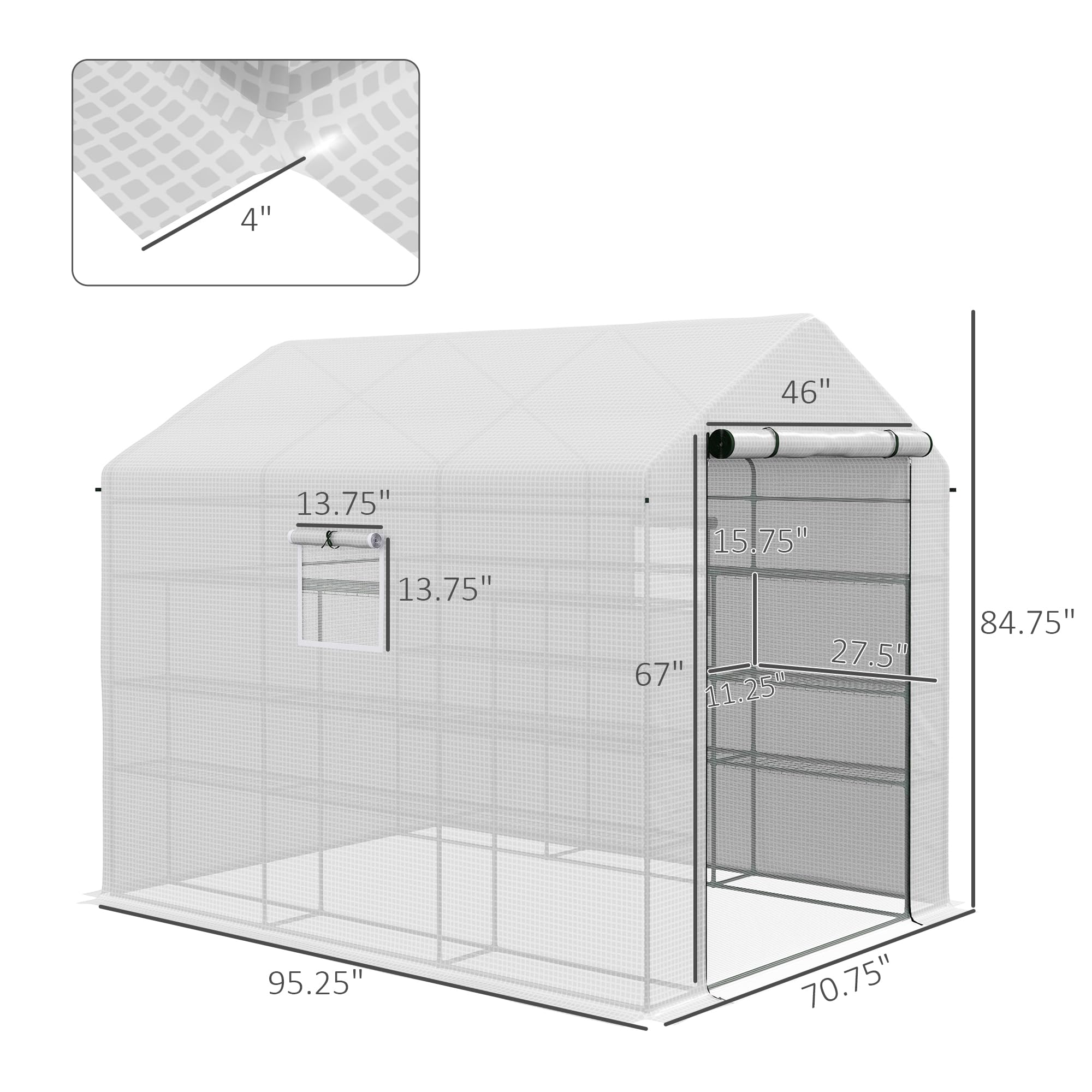 Outsunny 8' x 6' x 7' Walk-in Greenhouse with Mesh Door & Windows - 18 Shelf Plant House with Trellis & Plant Labels - UV Protected for Growing Flowers, Herbs, Vegetables & Saplings - Perfect for Backyard Gardening, Urban Farming & Year-Round Plant Protection (White)