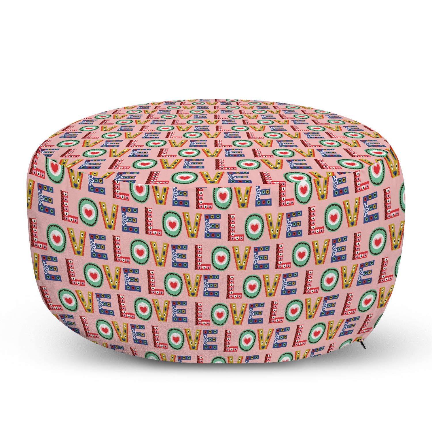 Lunarable Valentine's Day Pouf Cover with Zipper - Boho Hearts & Flowers Design, Soft Decorative Fabric Unstuffed Case 30