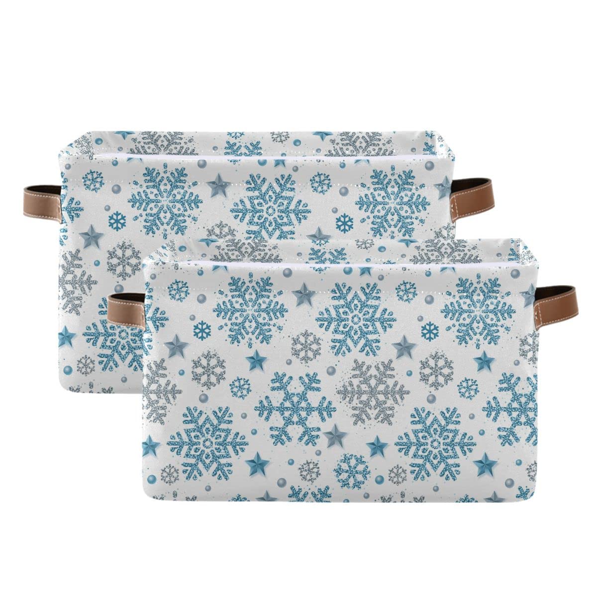 Winter Snowflake Blue Silver Fabric Storage Basket - 16x12x8 Inches Laundry Organizer for Baby Clothes, Dog Toys & Books | Christmas Decor Storage Bin with Bells & Snowman Design | Perfect for Closet, Shelf & Holiday Home Organization