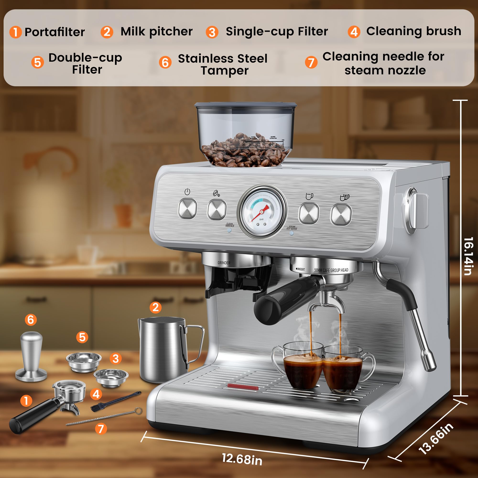Professional 15 Bar Espresso Machine with Built-in Grinder & Milk Frother - Stainless Steel Coffee Maker with Removable Water Tank - Perfect for Home Baristas Making Cappuccino, Latte & Espresso Drinks