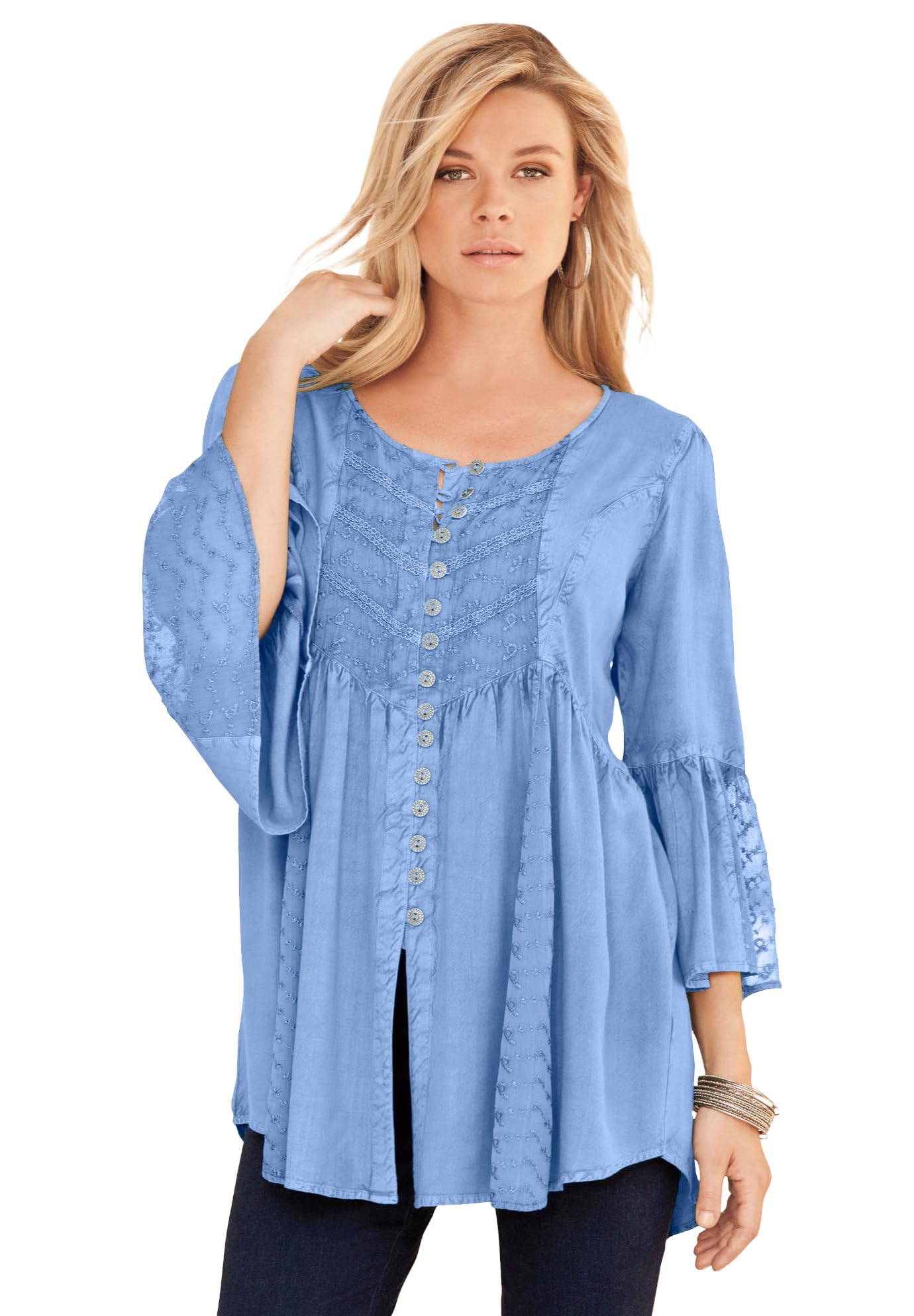 Roaman's Women's Plus Size Taylor Acid Wash Denim Shirt - Casual Oversized Button Down Top for Work, Weekend & Layering