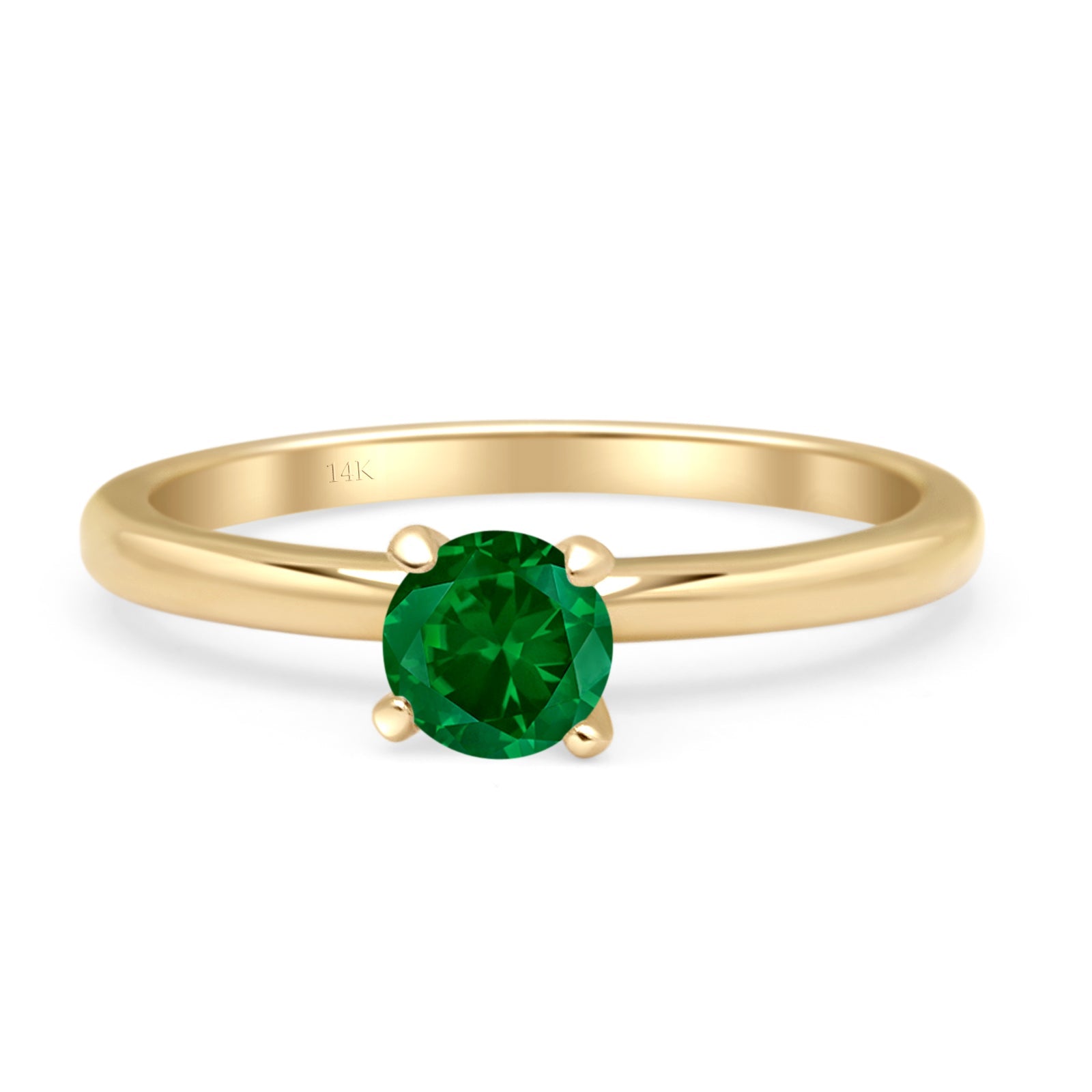14K Yellow Gold Minimalist Round Green Emerald CZ Solitaire Ring for Women - Elegant Dainty Jewelry Gift for Engagement, Anniversary & Special Occasions