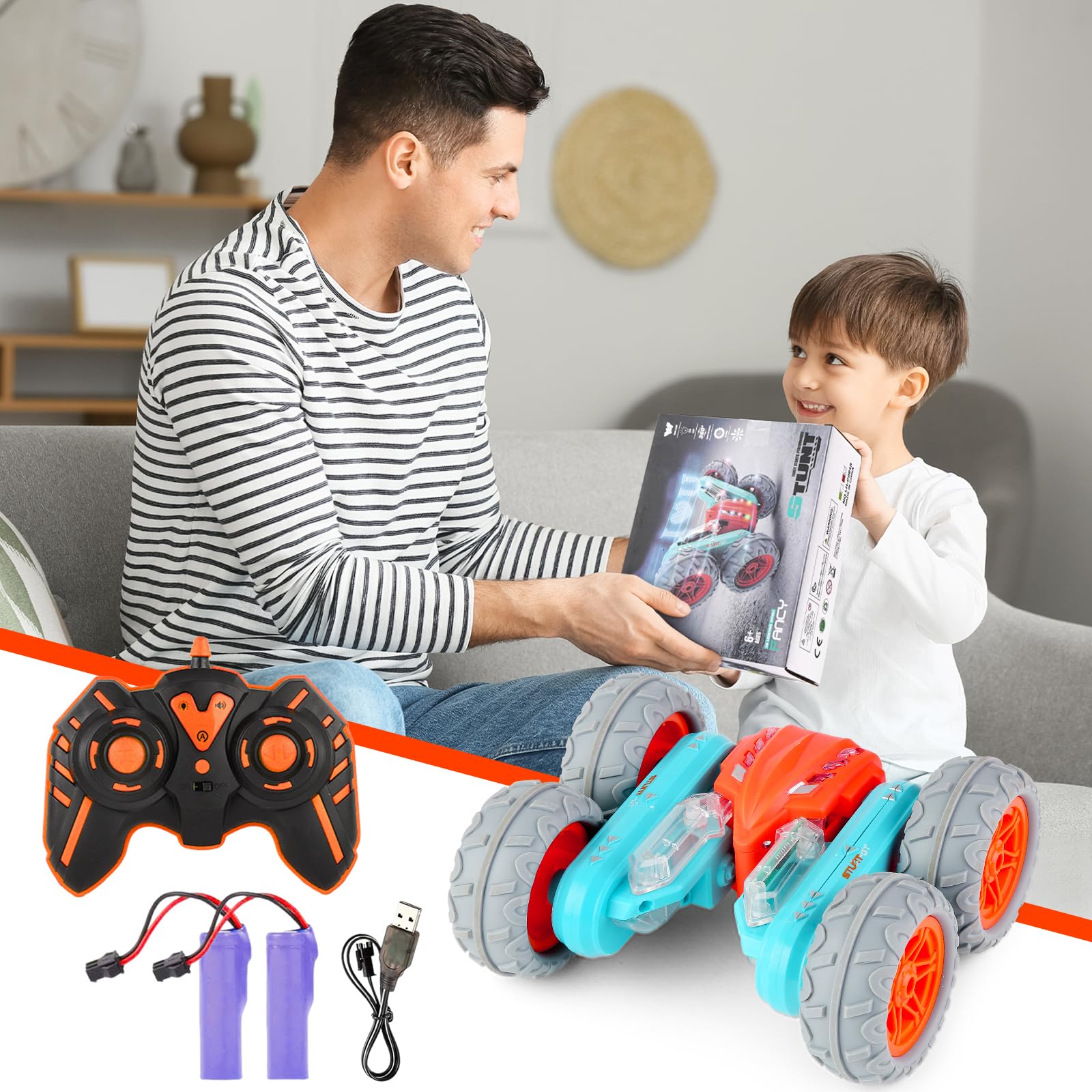 360° Rotating Remote Control Car Toy with Rechargeable Batteries - 50-60 Min Playtime, Upgraded Dual Batteries - Perfect Gift for Boys & Girls (Orange) - Great for Indoor & Outdoor Play, Birthday & Christmas Gifts