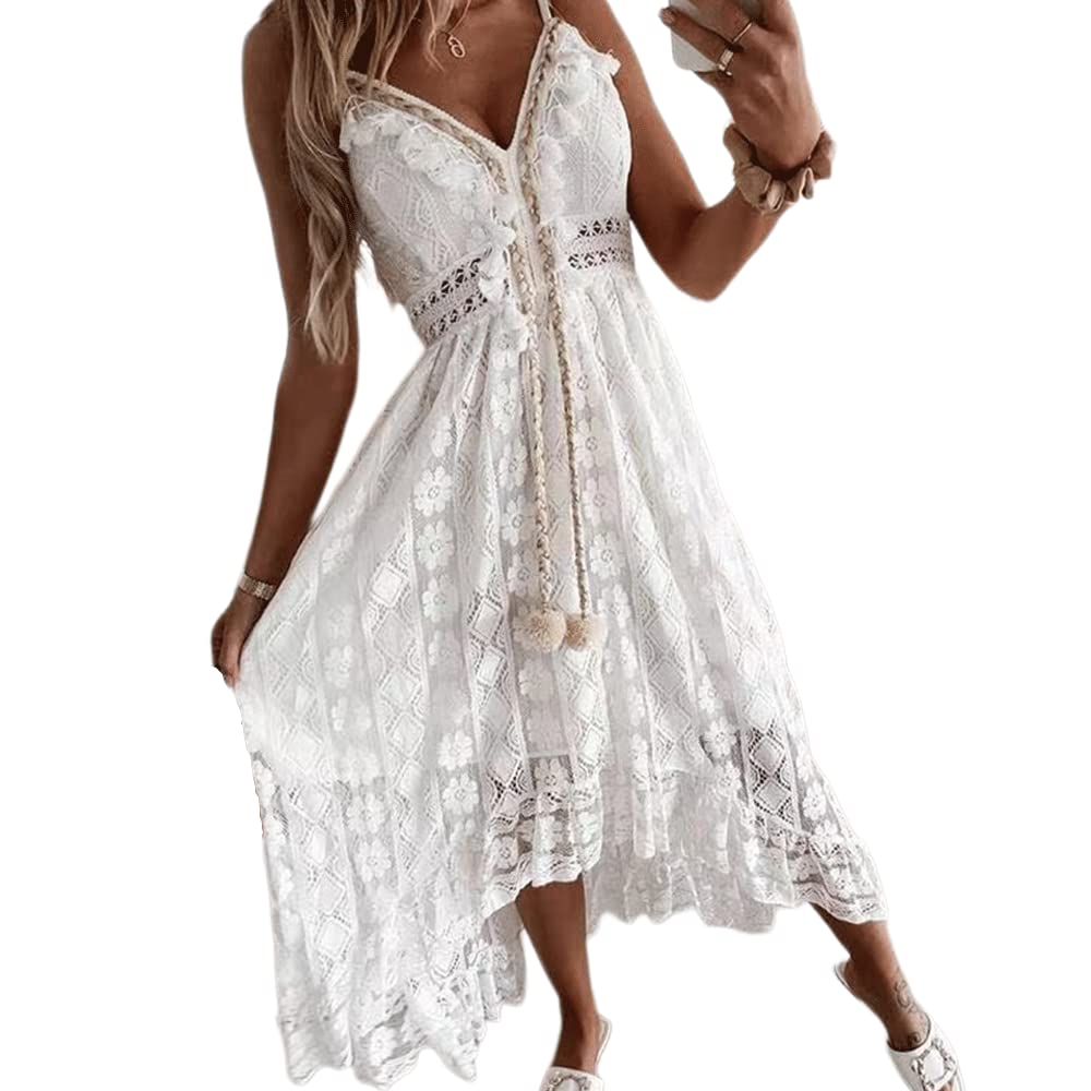 Blamplud Women's White Lace Summer Dress - Sexy V-Neck Sleeveless/Sleeve Slip Dress for Casual Wear, Beach Vacation & Date Night Outfits
