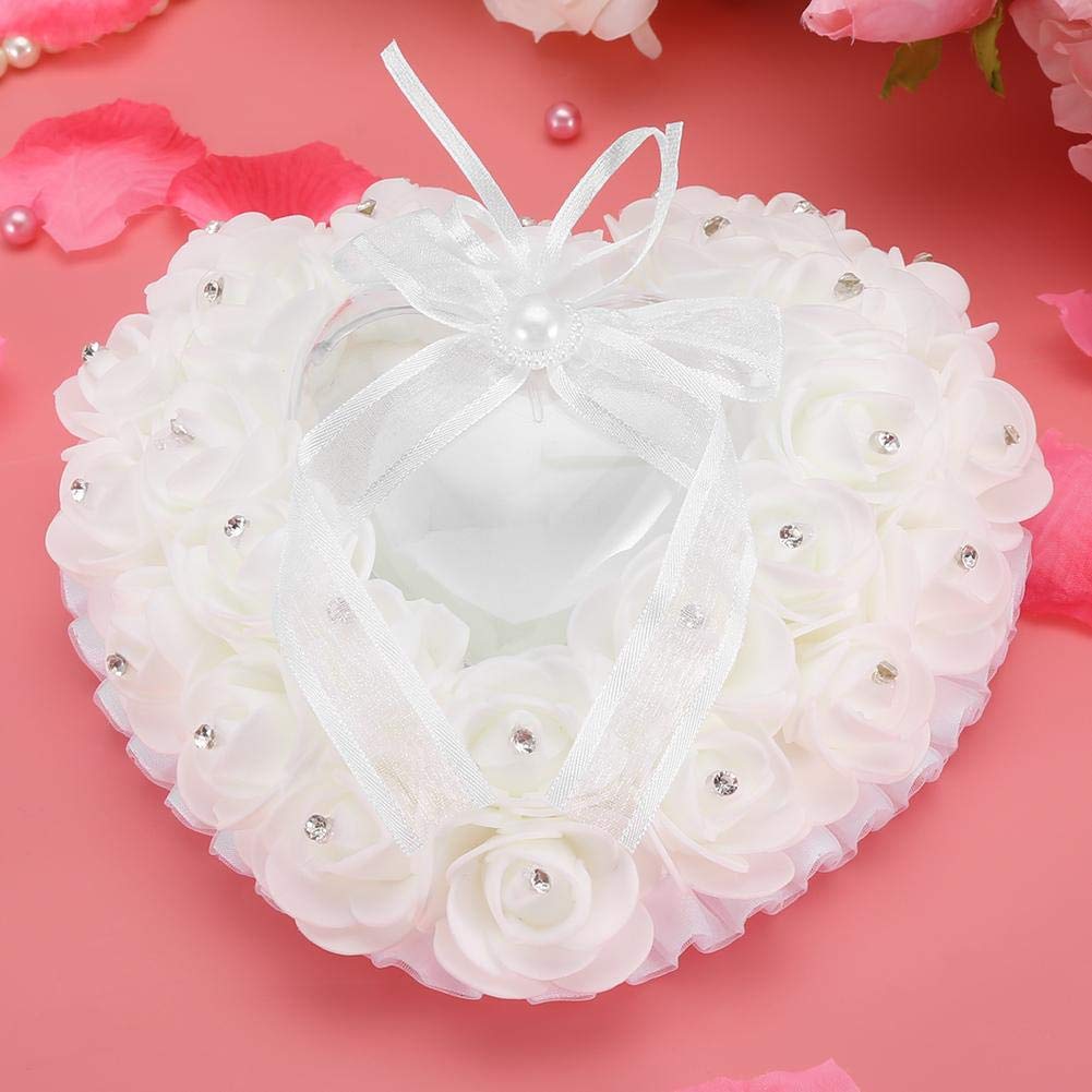 White Heart-Shaped Wedding Ring Pillow - Elegant Ring Cushion for Bride & Groom Ceremony - Perfect for Wedding Decorations, Vows Exchange & Romantic Proposals