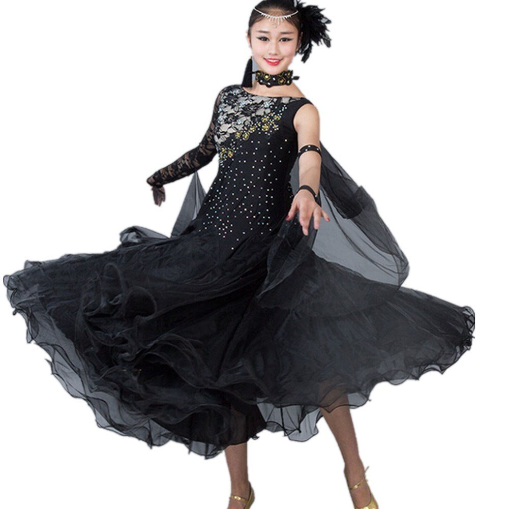 Elegant Black Women's Modern Waltz Tango Smooth Ballroom Dance Dress Size L - Perfect for Standard Ballroom Competitions & Social Dance Events