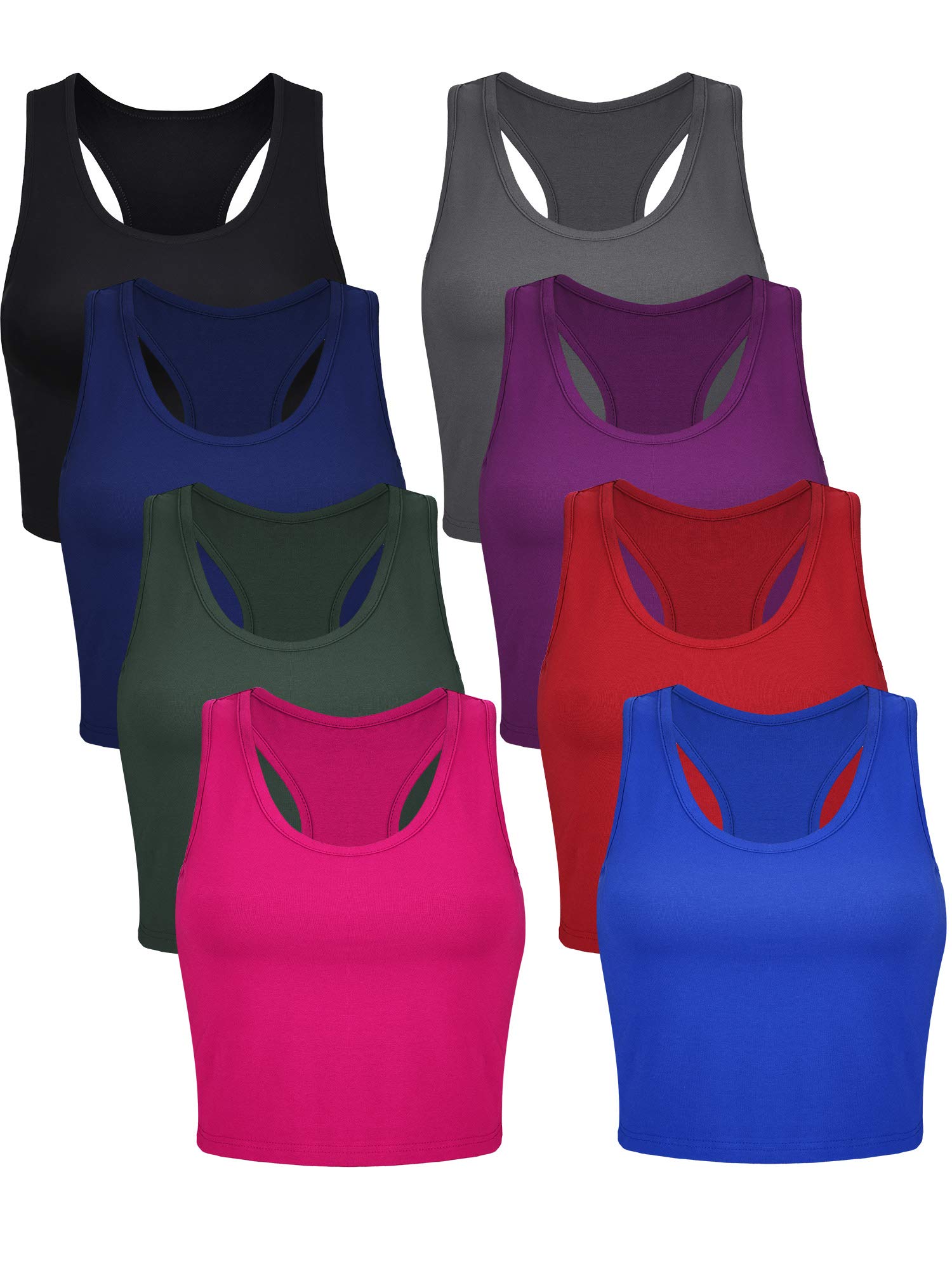 Geyoga 8 Pack Women's Basic Sleeveless Racerback Crop Tank Tops - Soft Cotton Summer Workout Tops for Yoga, Gym, Running & Casual Wear