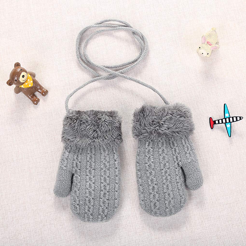 Double Layer Knitted Winter Gloves for Kids - Plush Hanging Neck Mitten with Rope, Thermal Full Finger Wrist Gloves for Toddlers 1-4 Years Old - Warm Hand Protector for Boys & Girls Outdoor Play, Snow Activities, and Christmas Gifts