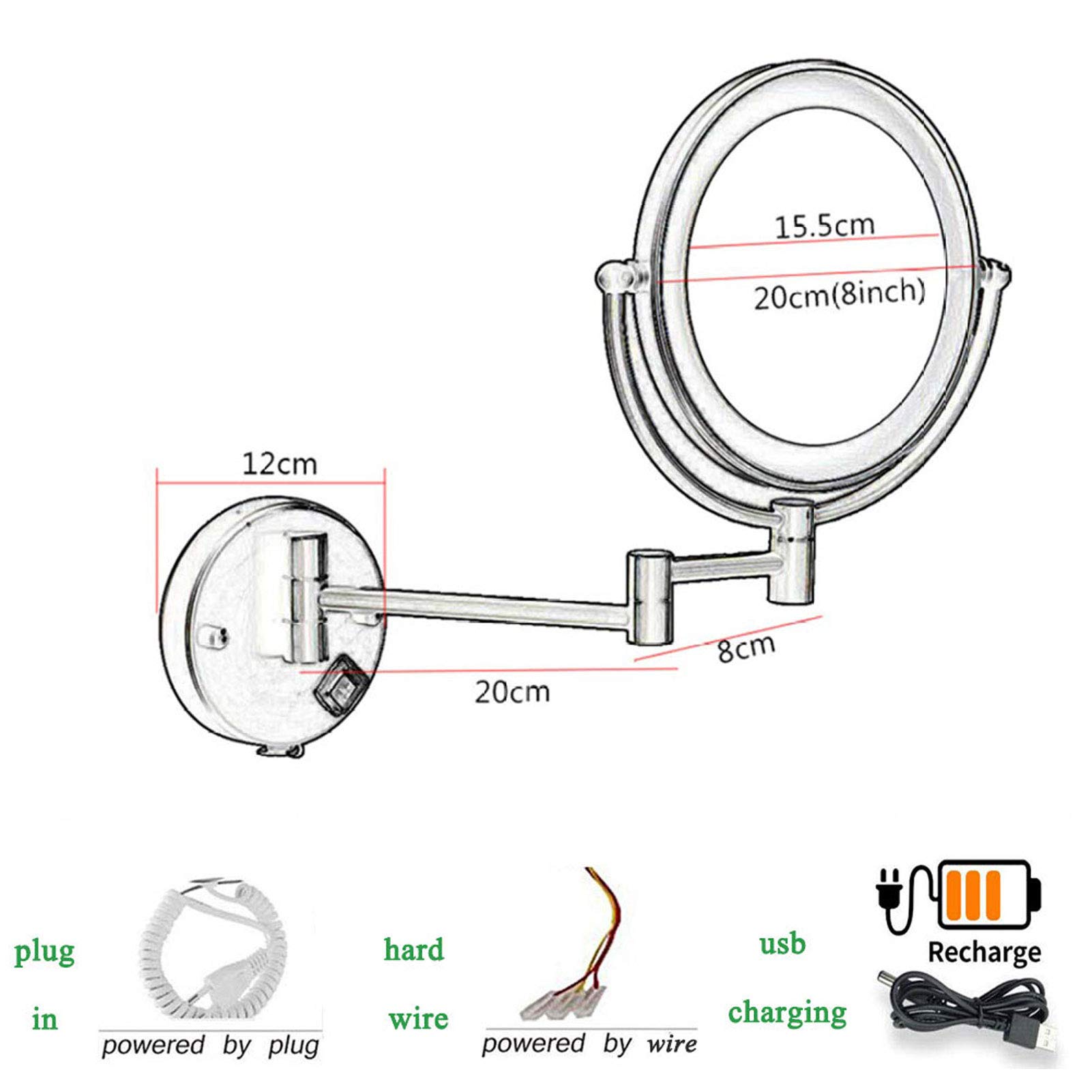 Wall Mount Makeup Mirror with LED Lights - 360° Swivel Extendable Vanity Mirror for Bathroom & Dressing Room - Black Cosmetic Mirror with Bright Adjustable Lighting for Perfect Makeup Application