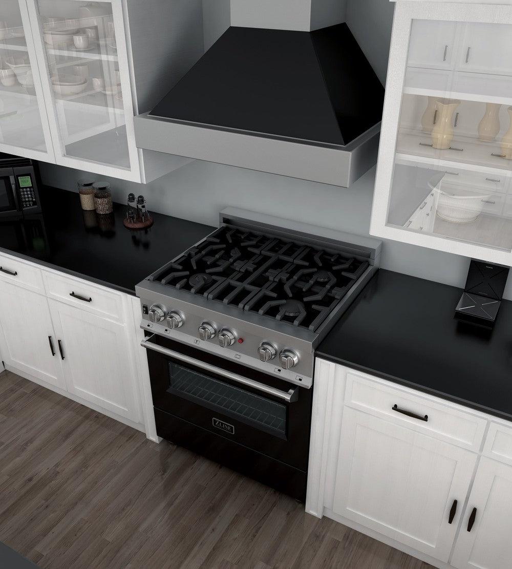ZLINE 30-inch 4.0 cu. ft. Dual Fuel Range with 4-Burner Gas Cooktop & Electric Convection Oven - Satin Stainless Steel & Black Matte Door (RAS BLM 30) - Perfect for Modern Kitchens, Home Chefs & Professional Cooking