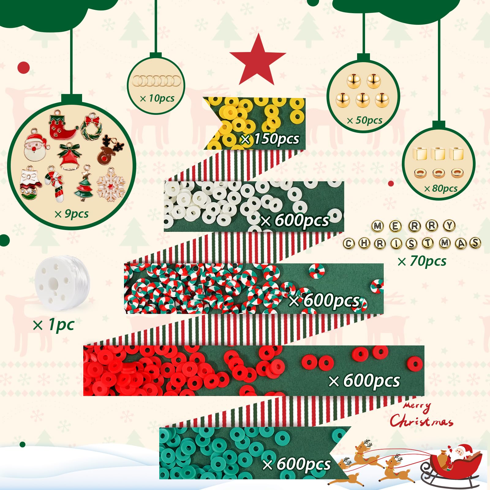 Gionlion Christmas Clay Beads Bracelet Making Kit - Golden Beads & Charms for DIY Jewelry, Christmas Crafts & Decorations - Perfect Holiday Gift for Teen Girls Ages 6-12 (Great for Christmas Parties, Stocking Stuffers & Craft Projects)