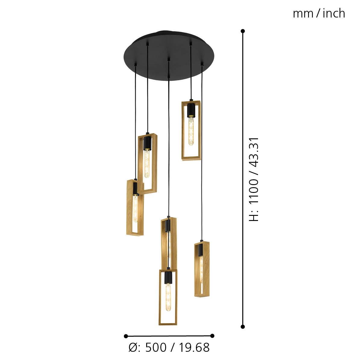 Eglo Littleton 6-Light Black & Rubberwood Ceiling Pendant Light Fixture - Modern Farmhouse Dining Room, Kitchen Island, or Living Room Lighting